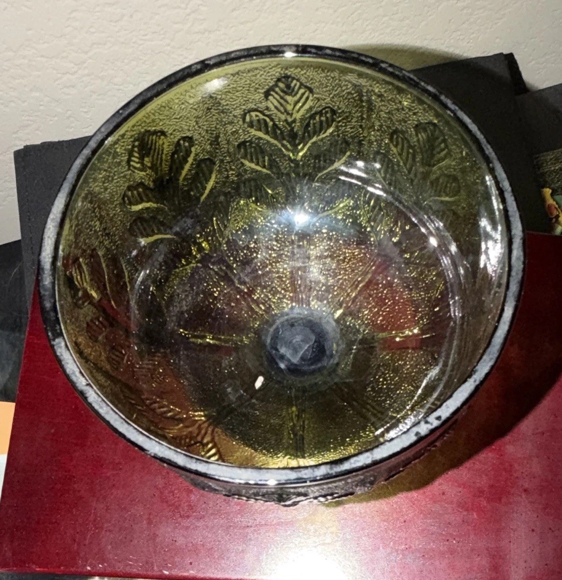 Vintage 1978 FTD Green Glass Compote Bowl Pedestal Dish Oak Leaf Embossed Retro