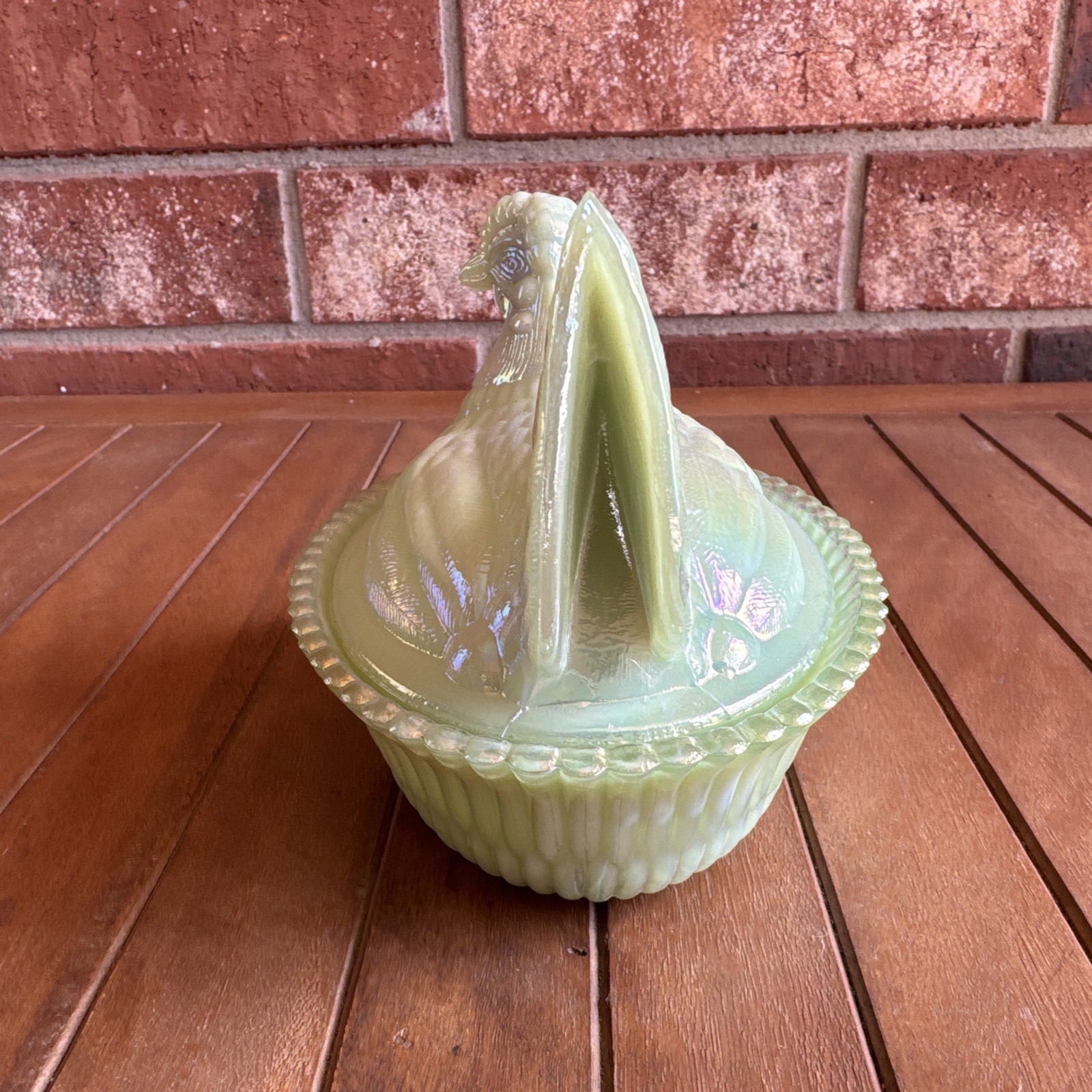 Jade Green Carnival Glass Iridescent Hen on Nest Westmoreland Nesting Chicken
