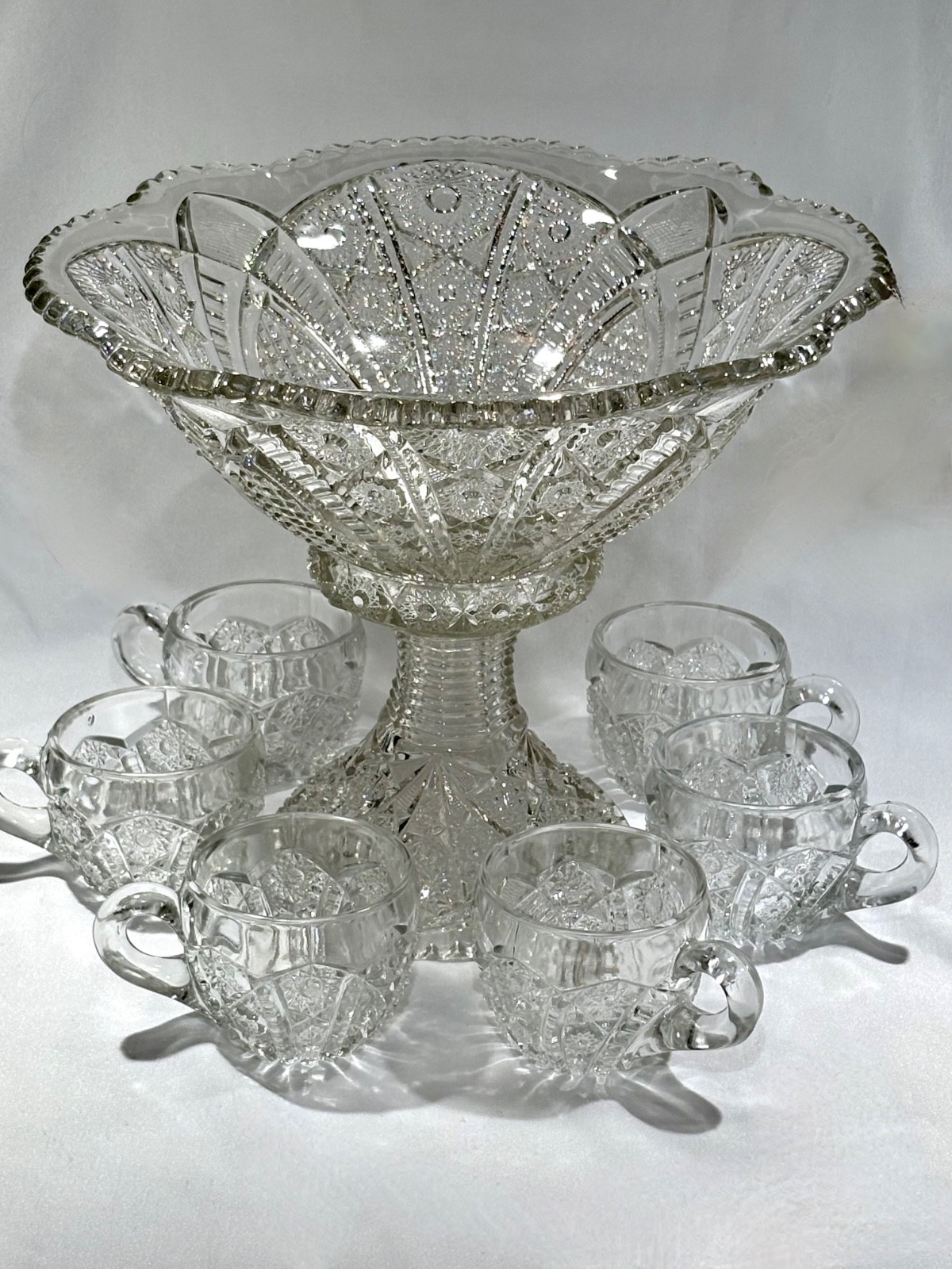 Antique Indiana Glass Paneled Daisy and Fine cut Clear Punch Bowl Base & 6 Cups