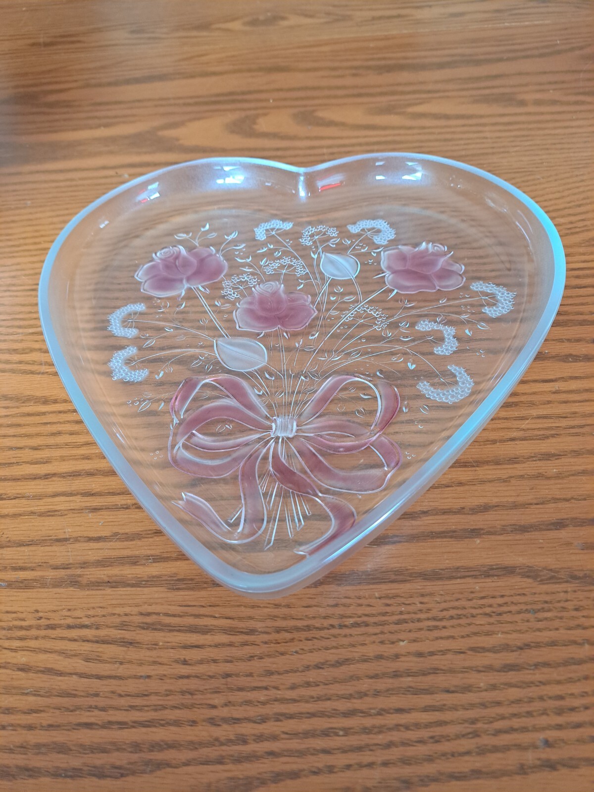 Mikasa Crystal GlassVintage Valentine Heart Shaped Serving Plate w/ Pink Roses