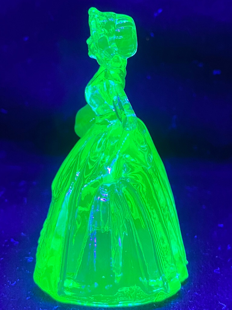 Green Vaseline uranium glass girl doll candy container woman Elizabeth Blue glow