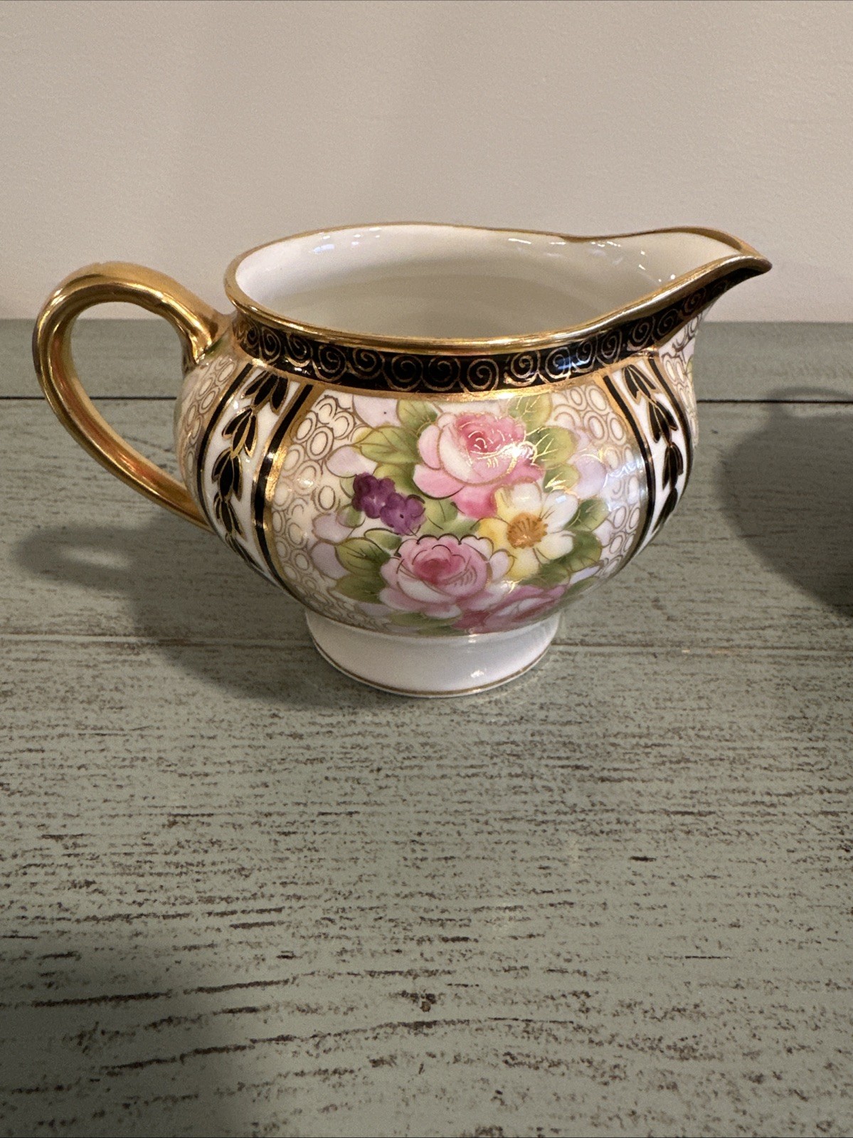 Antique Japan NIPPON Hand Painted Gold Creamer and Sugar Bowl W/ Lid