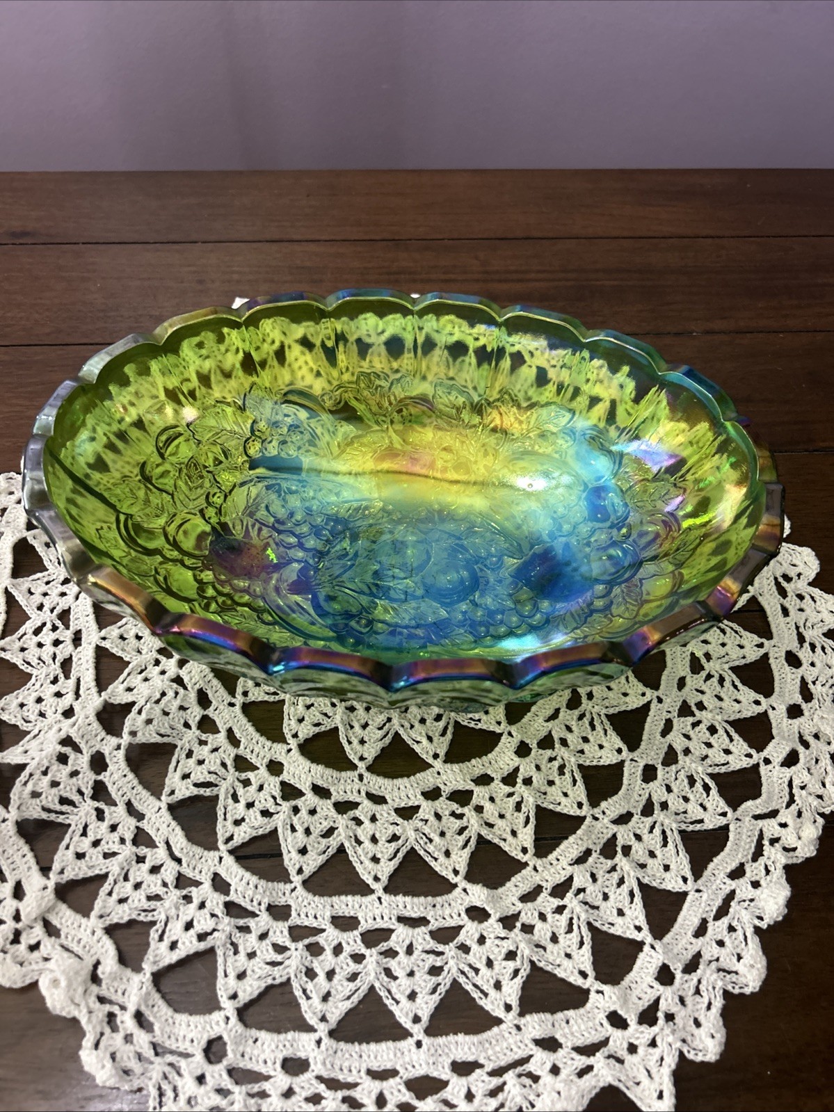 Vintage Indiana Glass Iridescent Green Carnival Glass Footed Oval Fruit Bowl 12”
