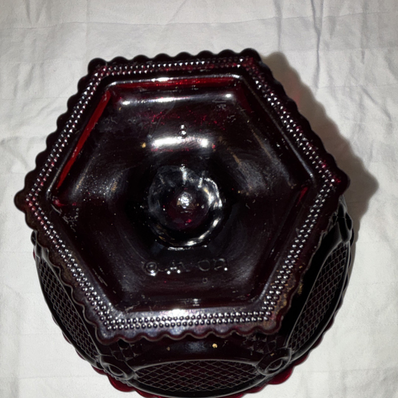 Avon Red Pressed Glass Diamond Pedestal Candy Dish