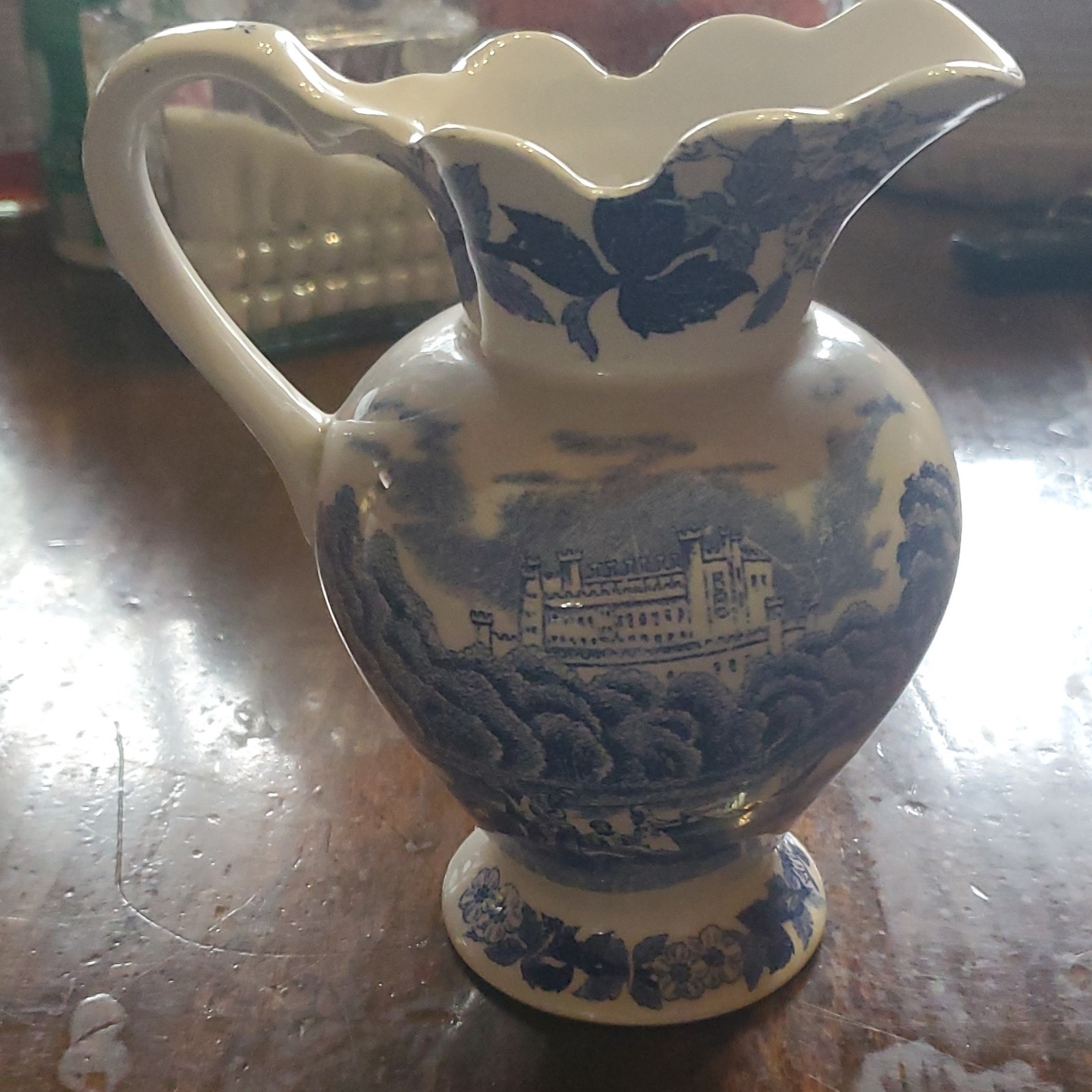 Norleans Blue and White Ceramic Decorative Pitcher, Glossy Pottery, Japan