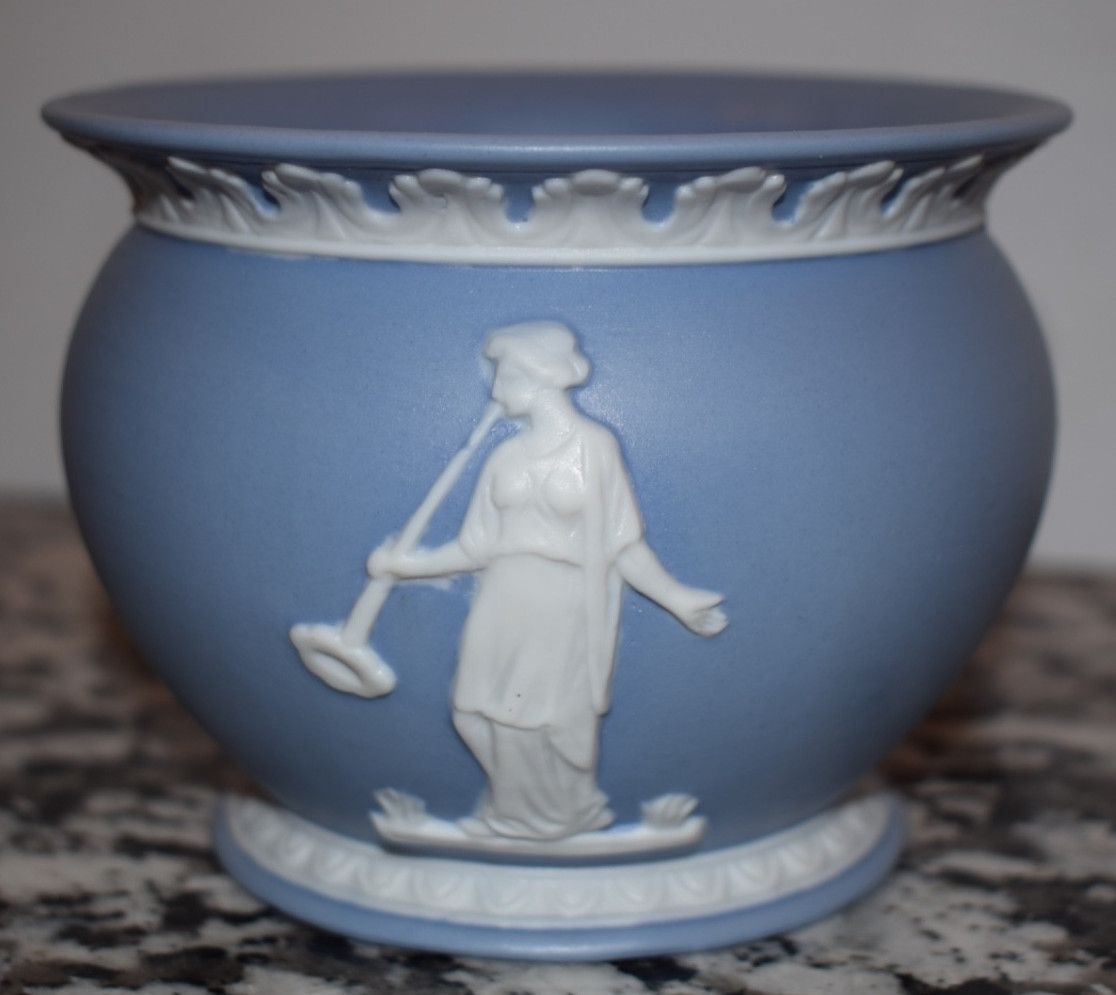 Blue Jasperware Cache Pot Planter Vase Neoclassical Vintage Japan