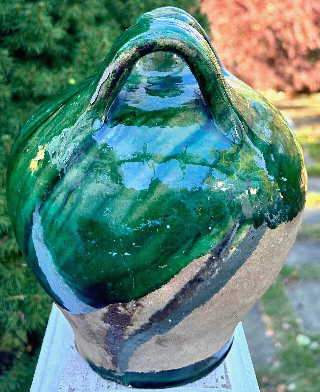 FRENCH ANTIQUE CONFIT POTTERY TERRA COTTA GREEN GLAZE CERAMIC EARTHENWARE