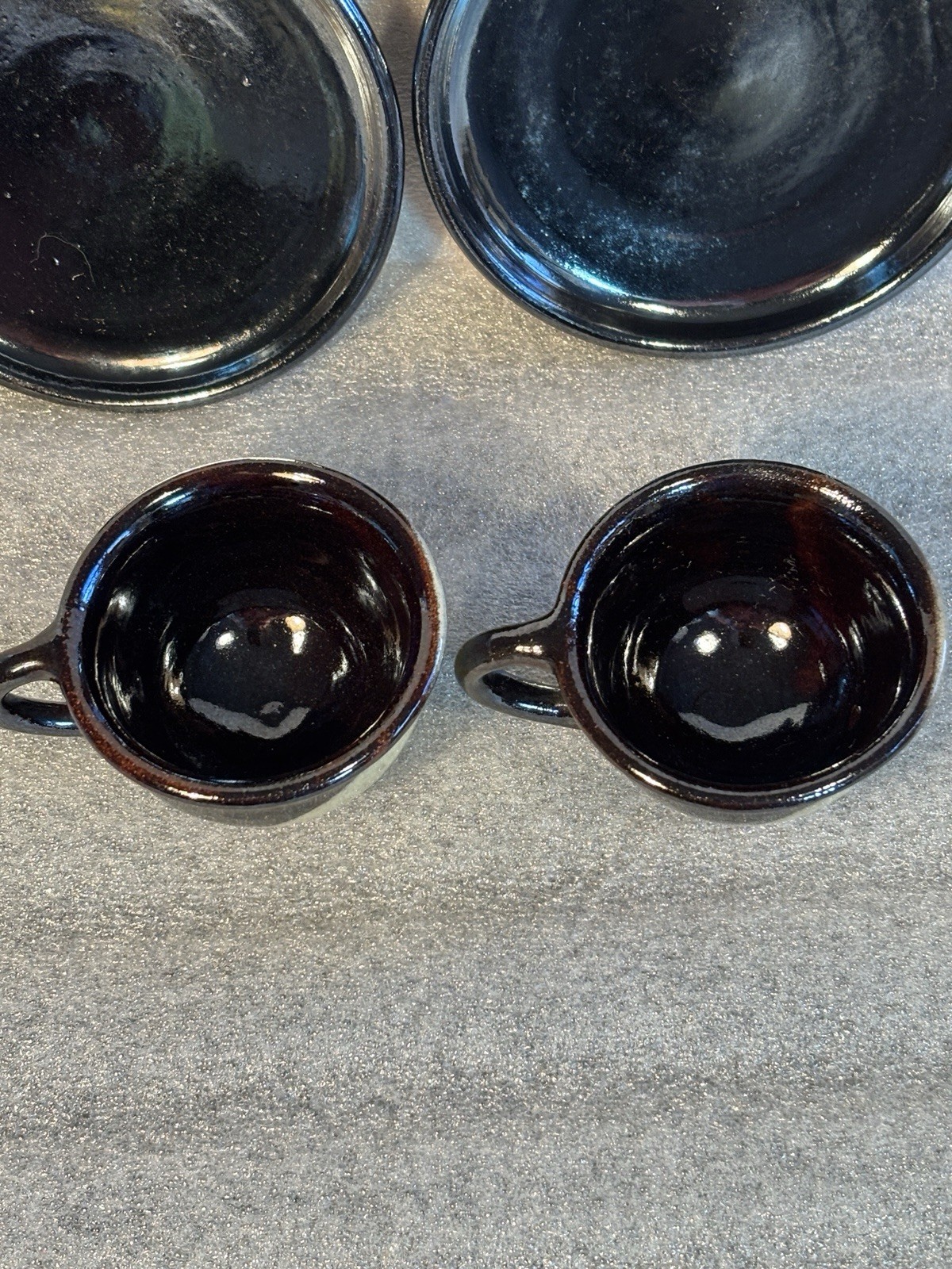 Studio Ceramic Pottery 2 cups & 2 Saucers Hand-Made Black Brown Yellow