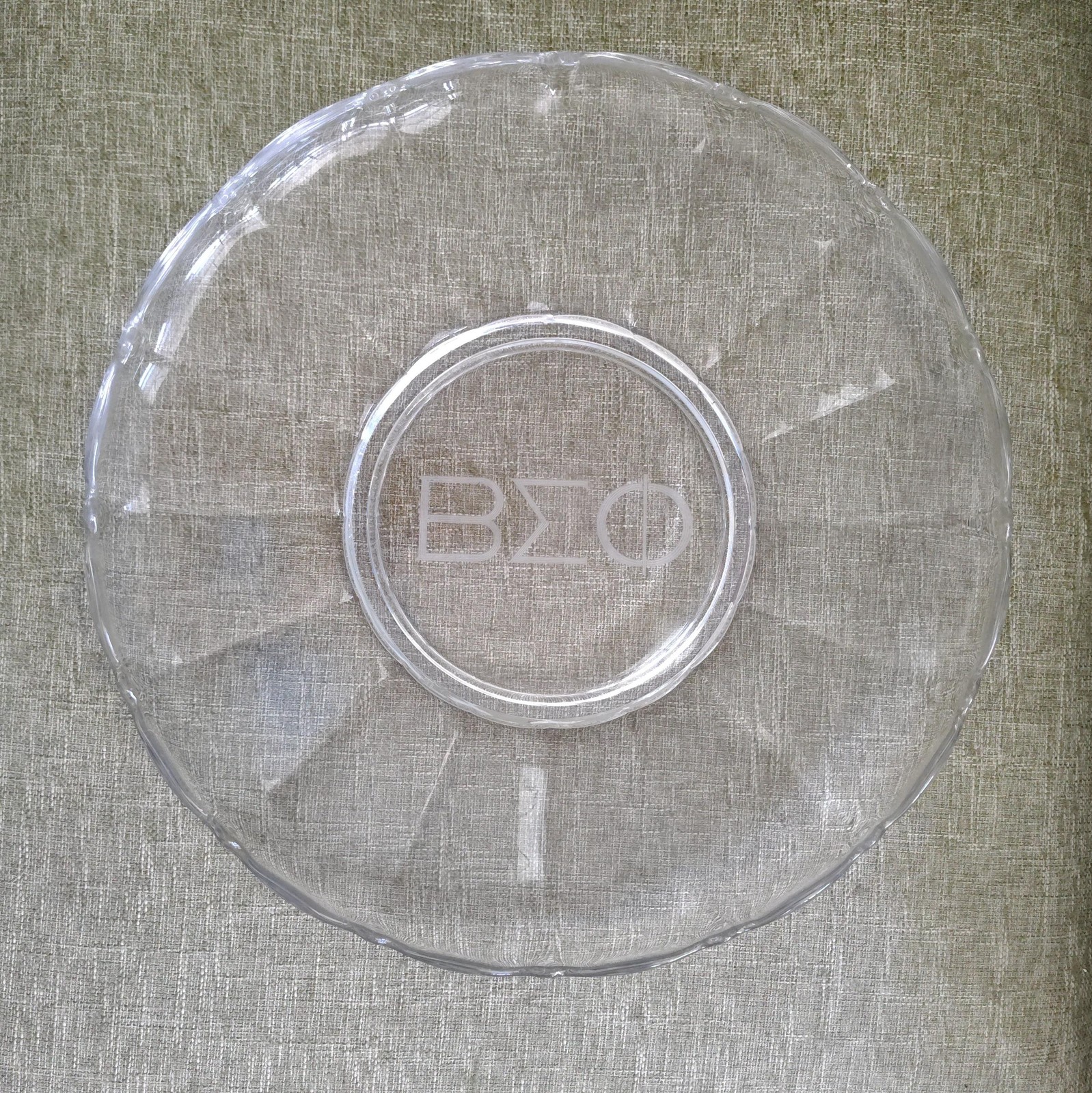 Vintage Beta Sigma Phi Glass Serving Plate 13.5″ Greek Sorority Engraved Decor 1