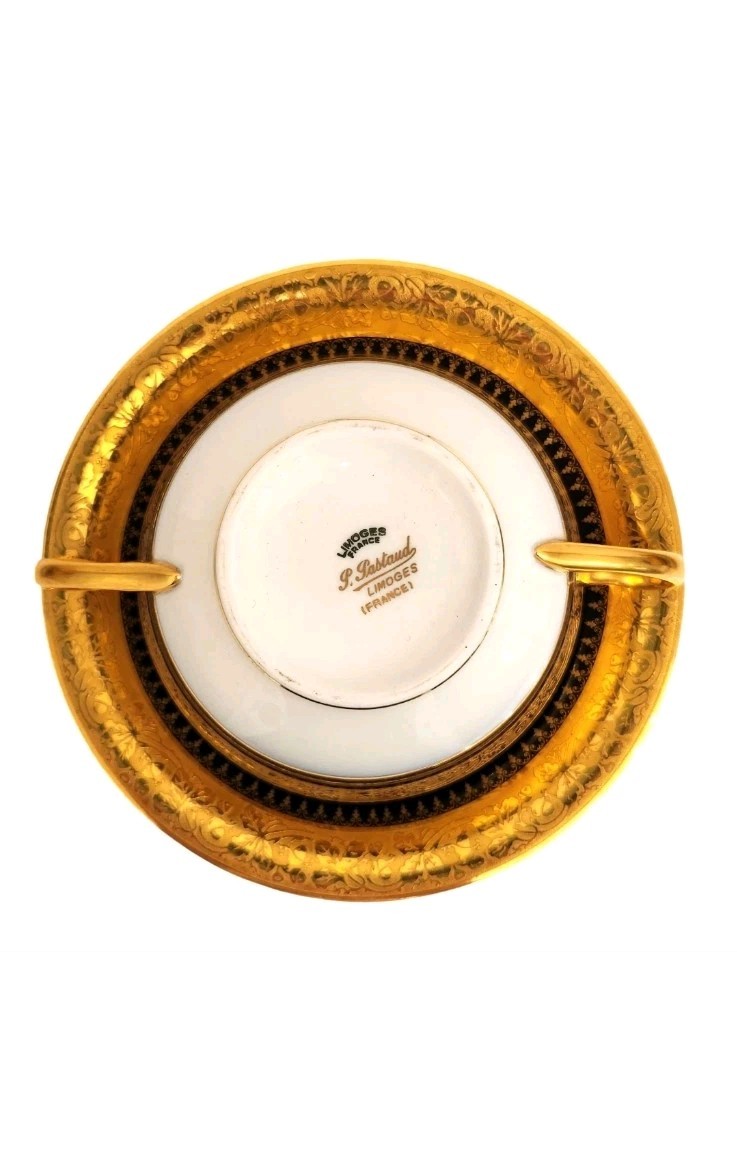 Antique P. Porschaud Limoges France Consommé Cup & Saucer Cobalt Blue Heavy Gilt