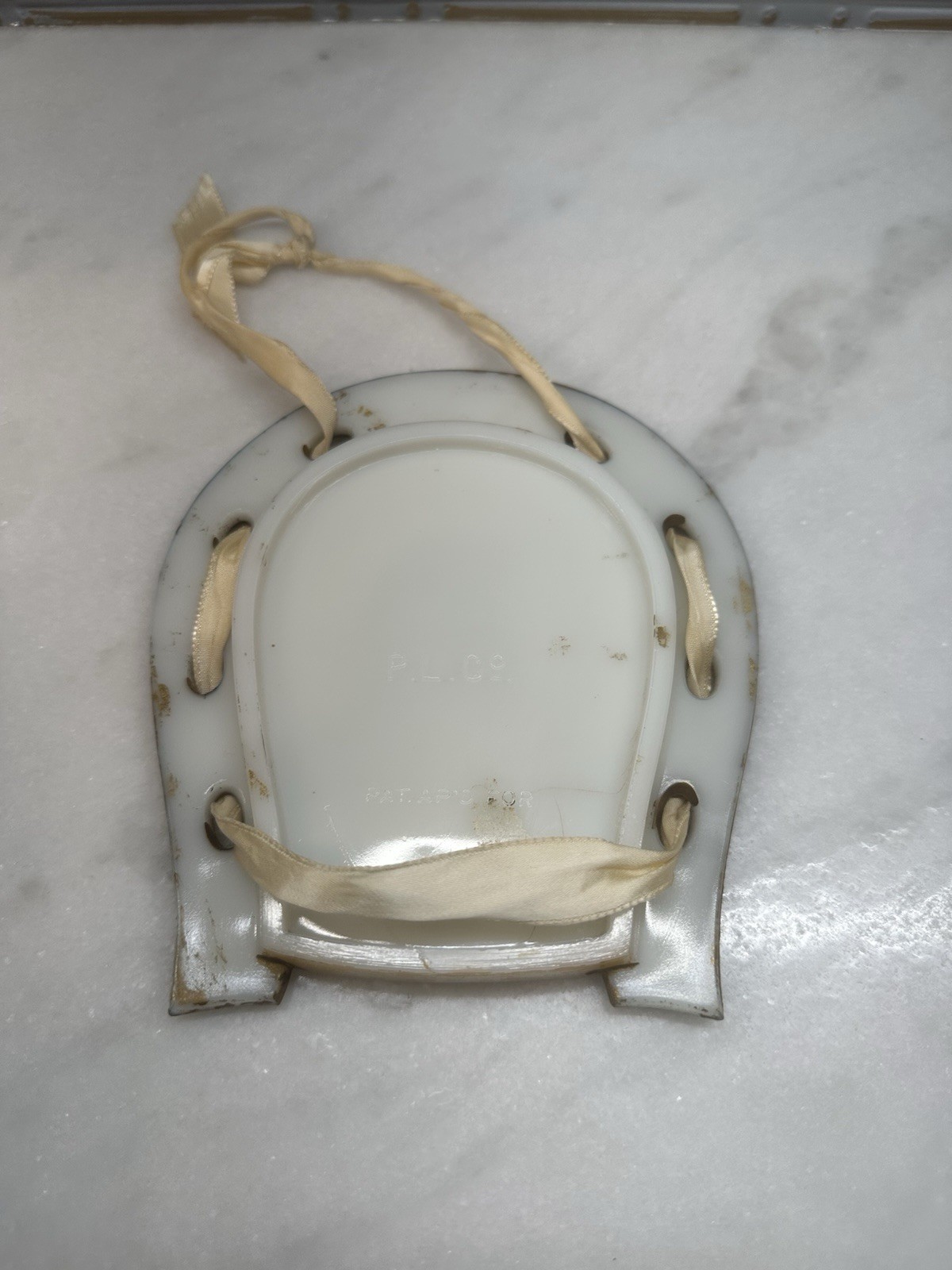 P.L. Co. Antique Pressed Milk Glass Easter Horseshoe Hanging Plaque Bunny Chick