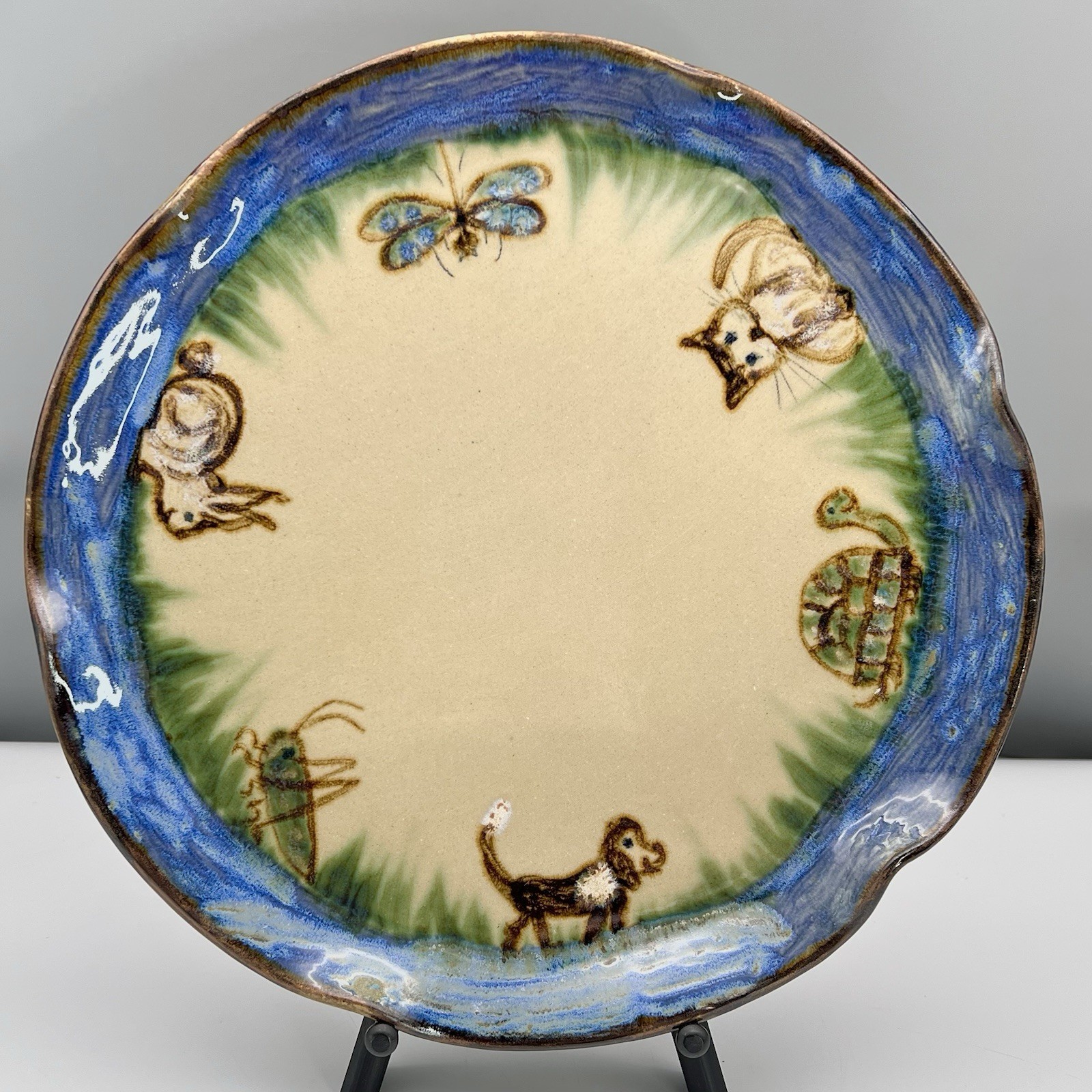 Janet Resnik HUGE 15.25″ LAZY SUSAN PLATTER Country Animals STUDIO ART POTTERY