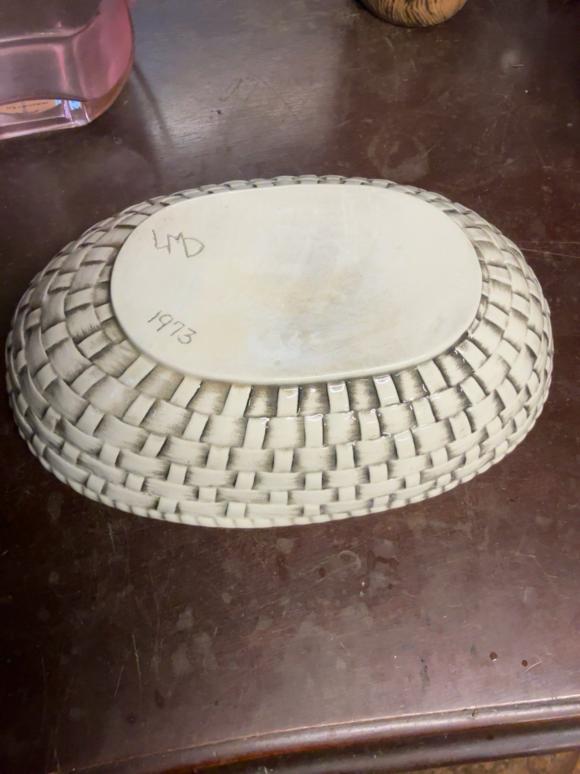 Vintage 1970s Basket Weave Stoneware Oval Serving Bowl Black White Ceramic 11.5