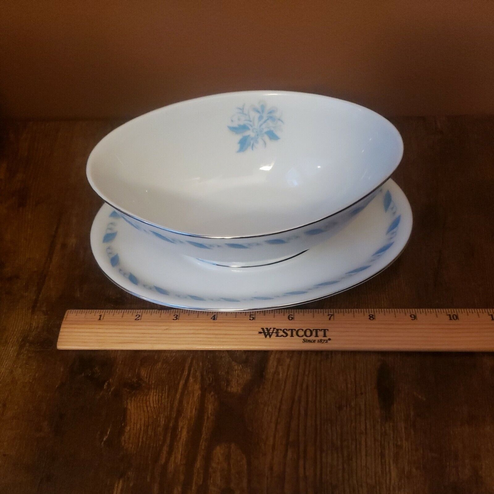 Abalone China Sky Flower Gravy Boat Vintage Japan MCM White Blue Platinum Trim