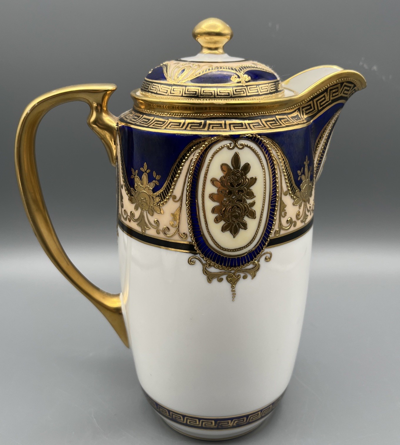 Rare Noritake Cobalt & Gold Ornate Neoclassical Coffee Pot Greek Key Porcelain