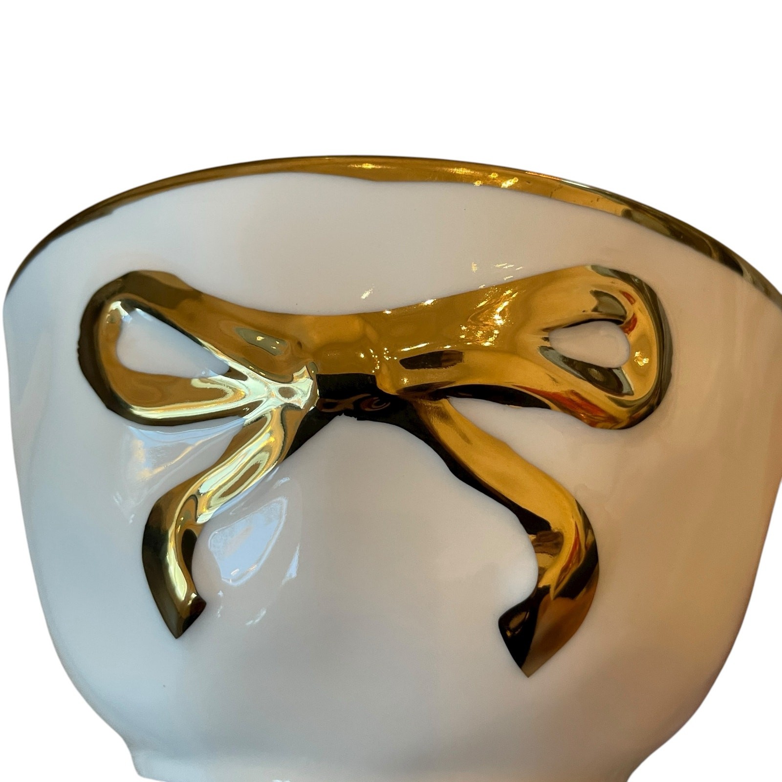 Hand Painted Coquette GOLD BOW Salad Bowls 6.25in White Ceramic Set of 4 NEW