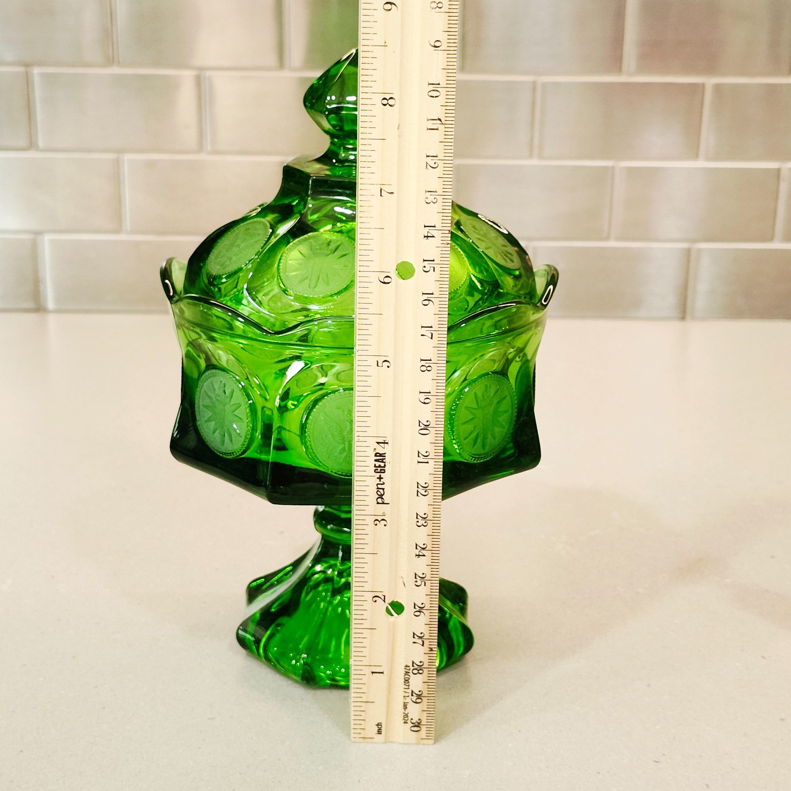 Vintage Fostoria Emerald Green Coin Glass 8.5” Tall Pedestal Covered Candy Dish