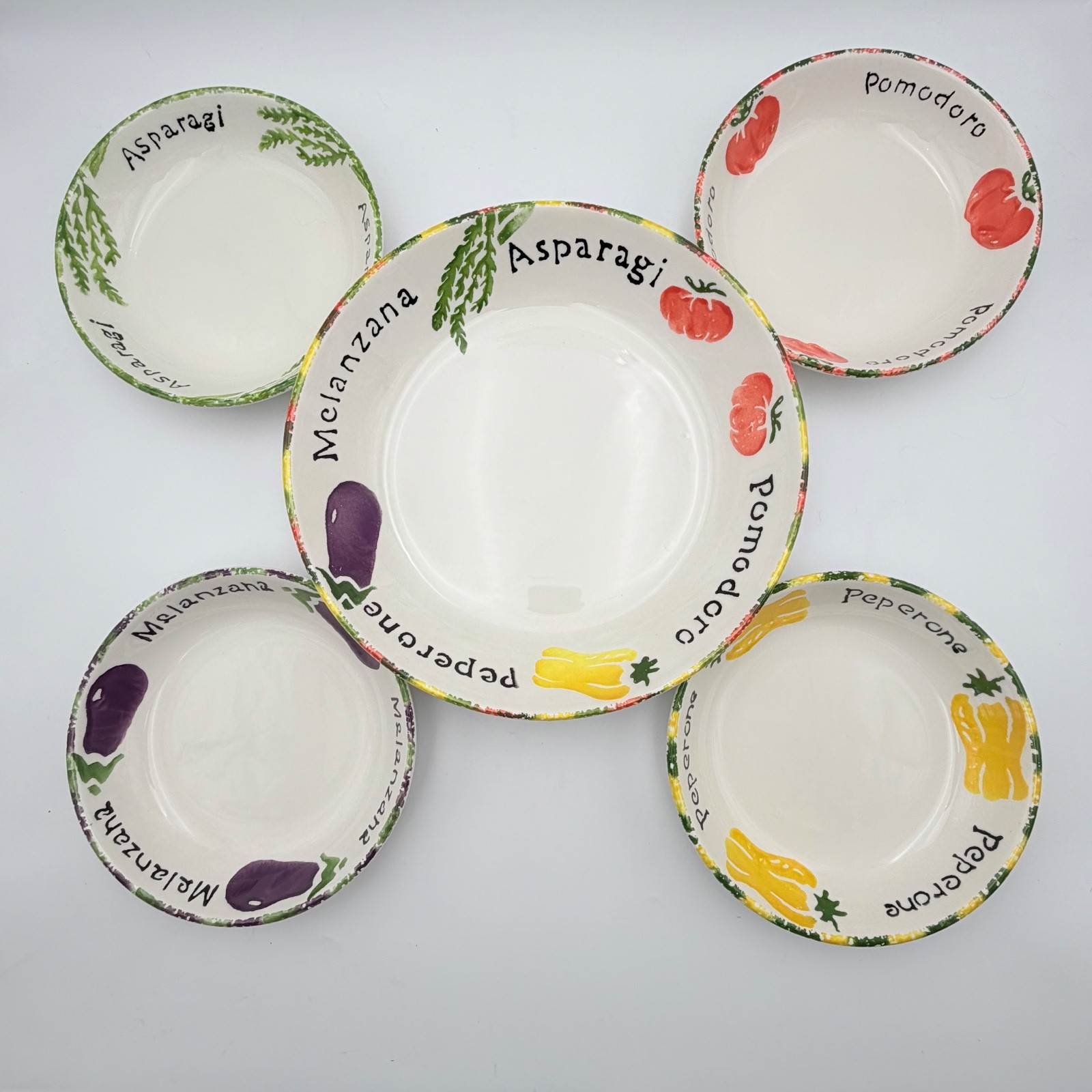 Pier 1 Pomodoro Pasta Bowl Set 5 Pc Italy Aglio Mixed Vegetables Hand Painted