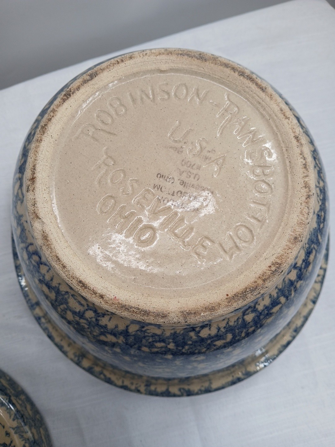 Vintage Robinson Ransbottom Pottery Blue Spongeware Nesting Mixing Bowl Set 2