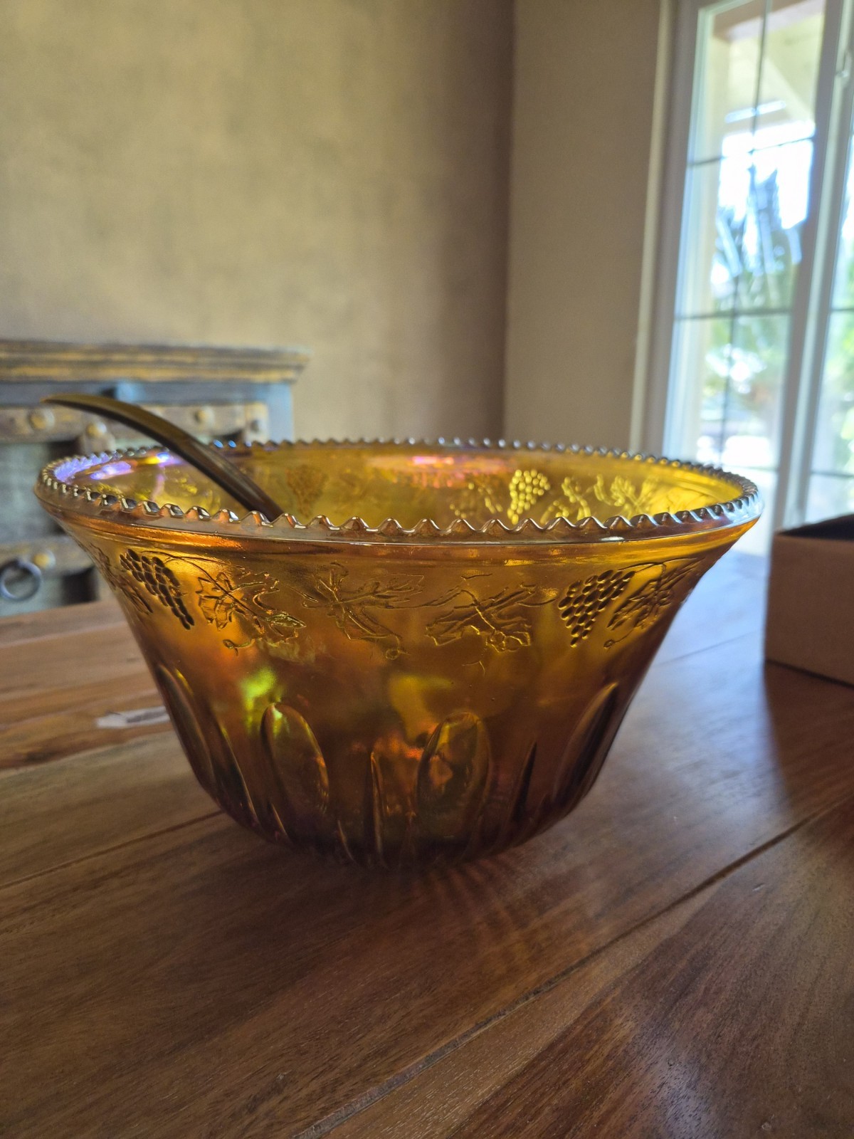 Amber Carnival Glass Grape Leaf Pattern Glossy Twelve-Piece Punch Bowl Set