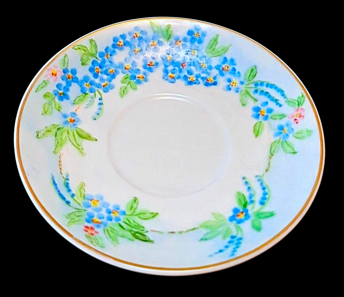 Vintage White Coffee Tea Cup & Saucer Blue Floral Hand-Painted by Ruth of Tucson
