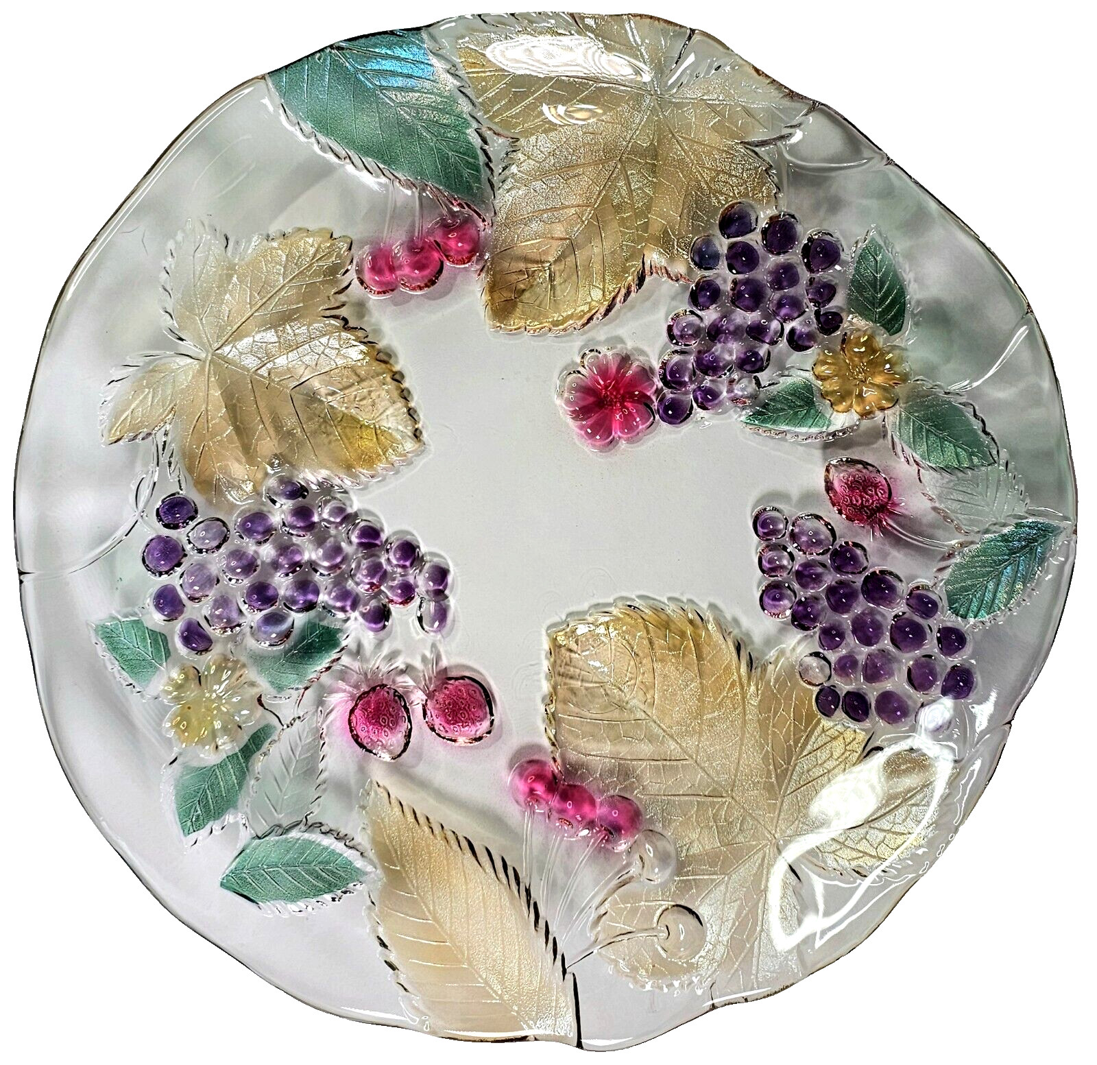 mikasa crystal platter fruit grapes berries and leaves mutli-tinted 12.5″ across