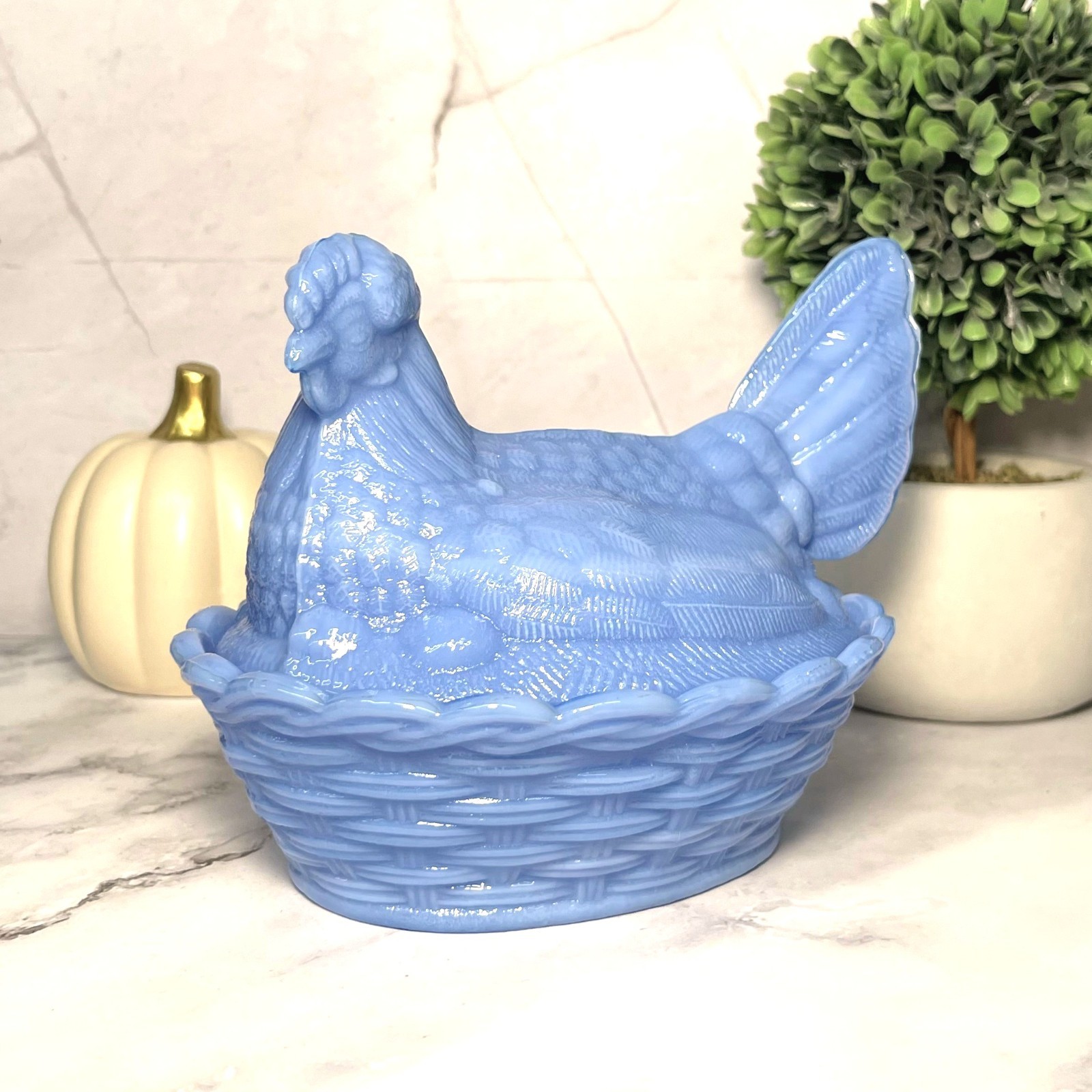 Hen on Nest Chicken Periwinkle Blue Depression Style Glass Candy Dish, VTG Style