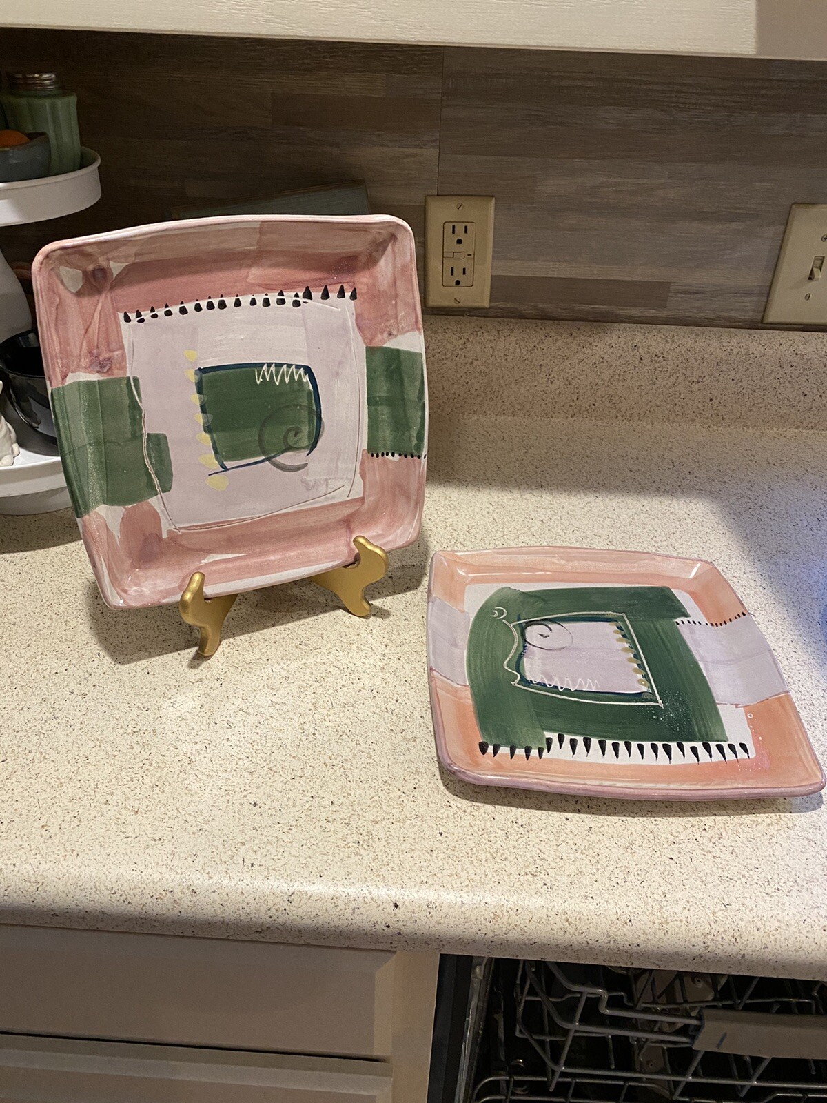 Egan Set Of Two Handmade Painted Square Art Pottery Abstract Design Plates