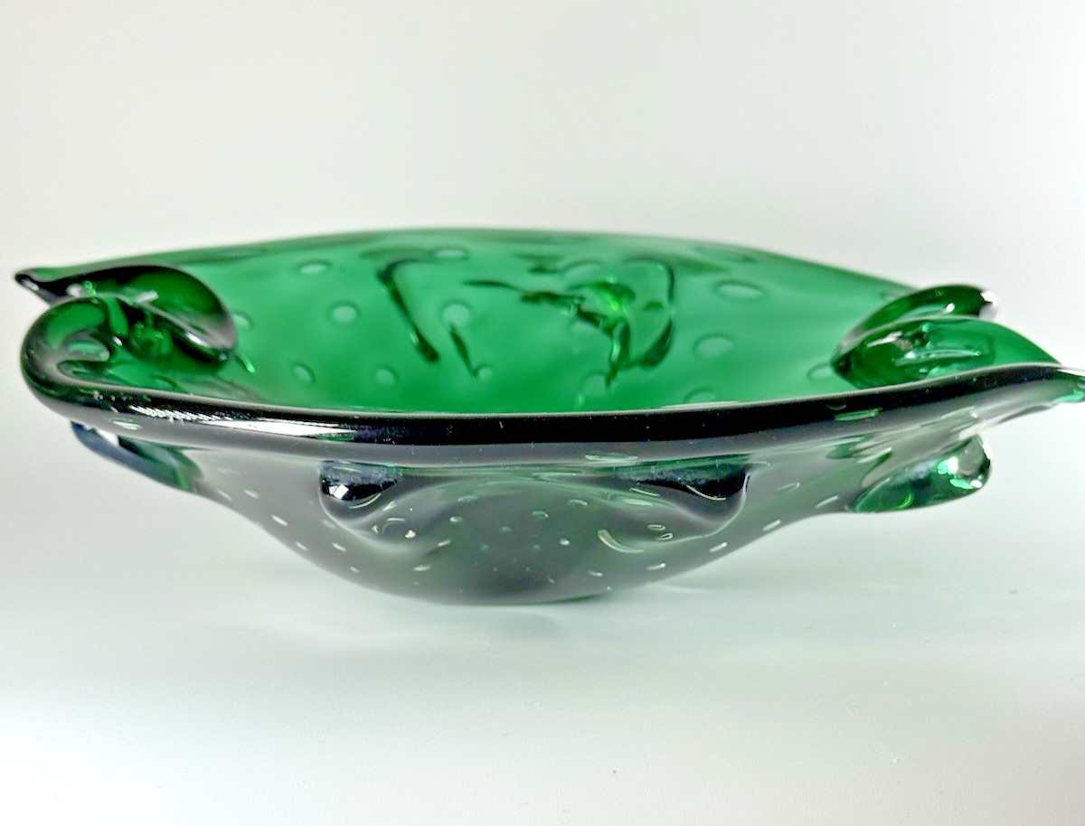 Hand Blown Controlled Bubble Dark Green Thick Glass Decor Bowl