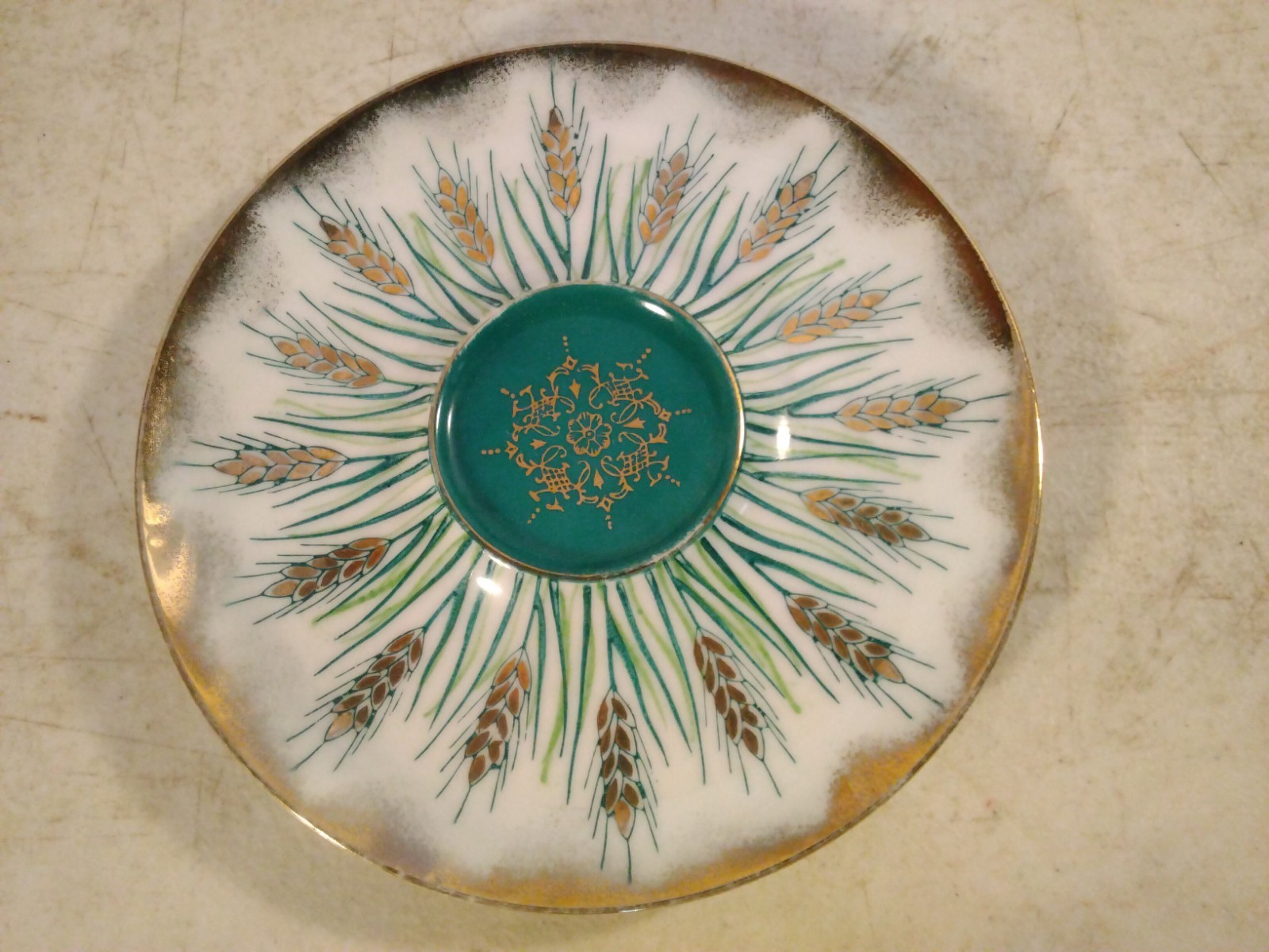 Vtg Green Aqua Porcelain Atomic Wheat MCM Saucer Iridescent