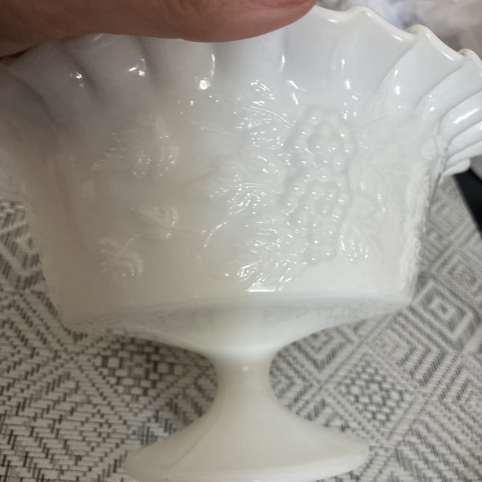 Ruffled Edge Milk glass Pedestal Fruit Bowl 8”