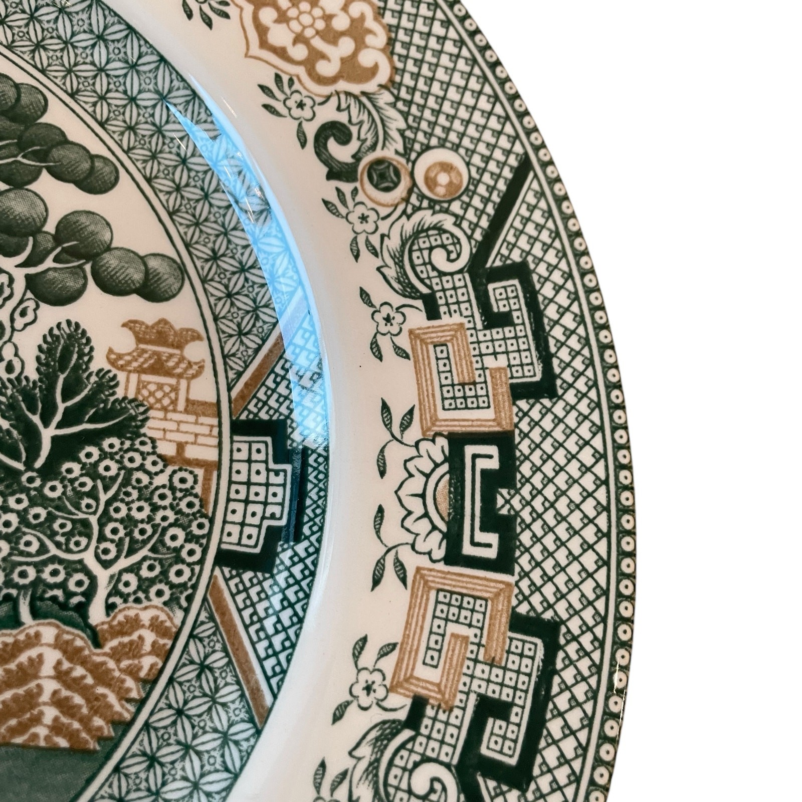 Royal Stafford Dinner Plates 11in Green & Gold Willow Pagoda Set of 4 New