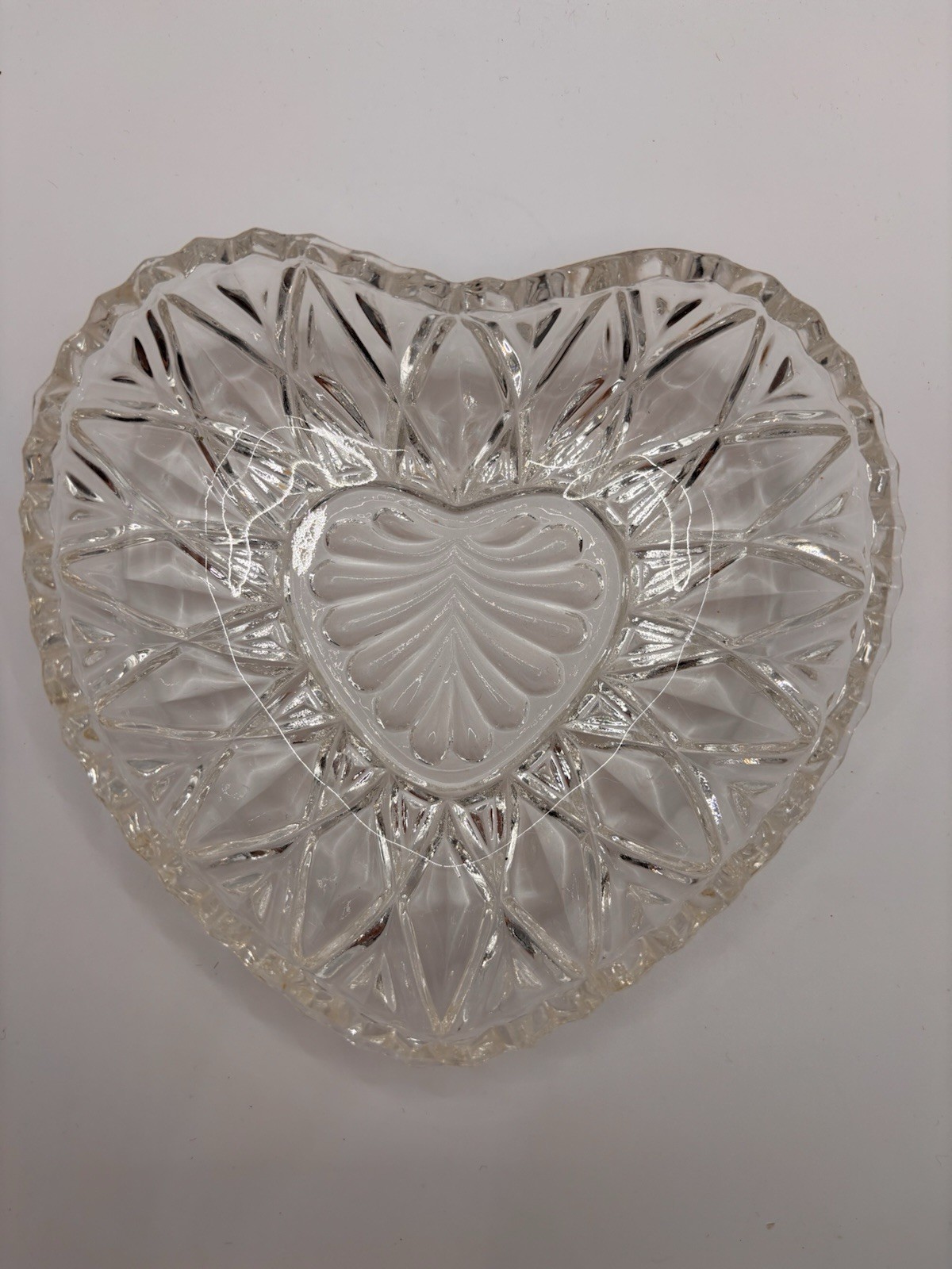 Vintage Clear Pressed Cut Glass Heart Shaped Candy Trinket Dish Sawtooth Rim 5.5
