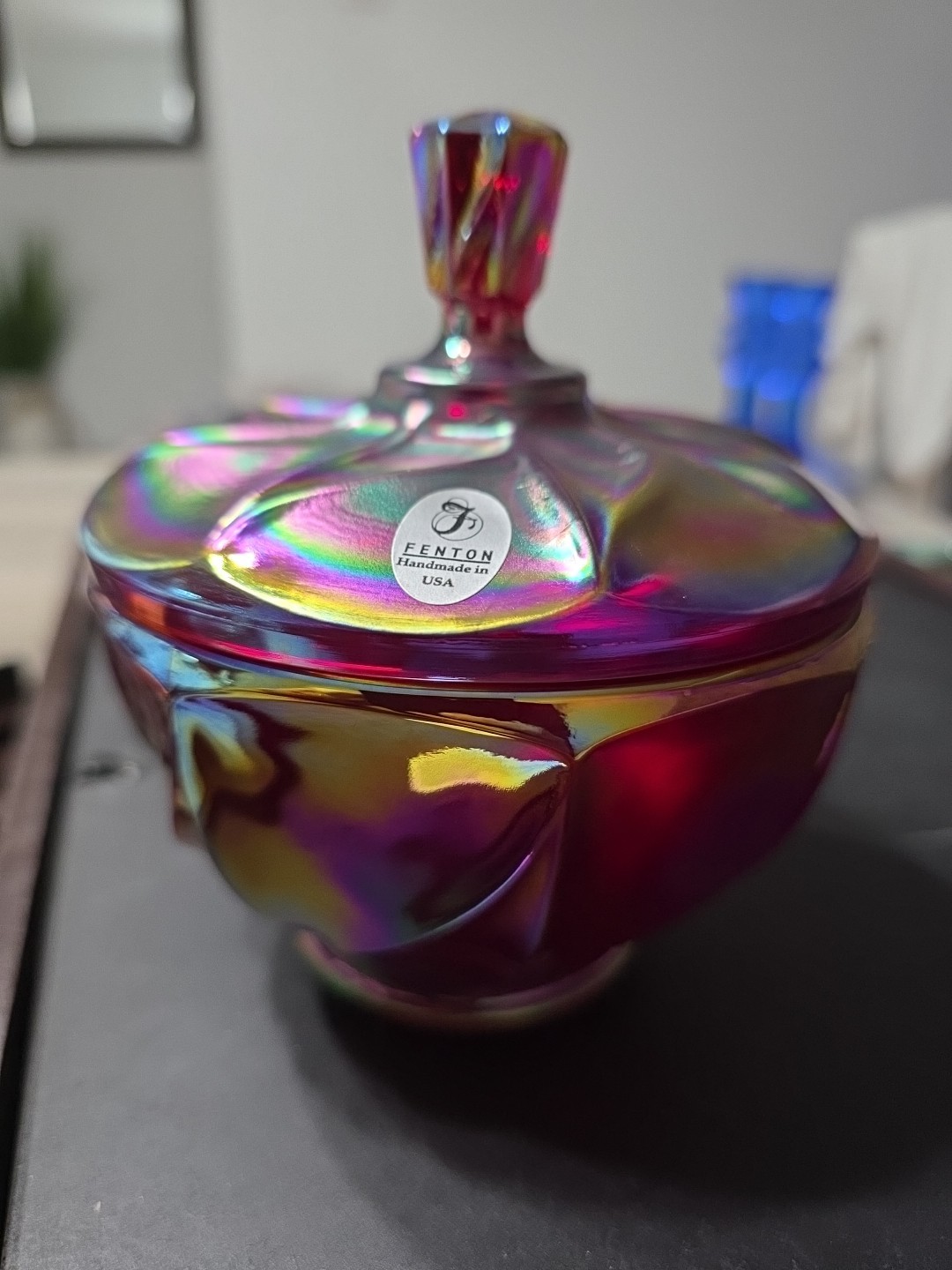 FENTON LIDDED FOOTED CANDY DISH COMPOTE Red/Carnival Glass5-1/4″ Tall