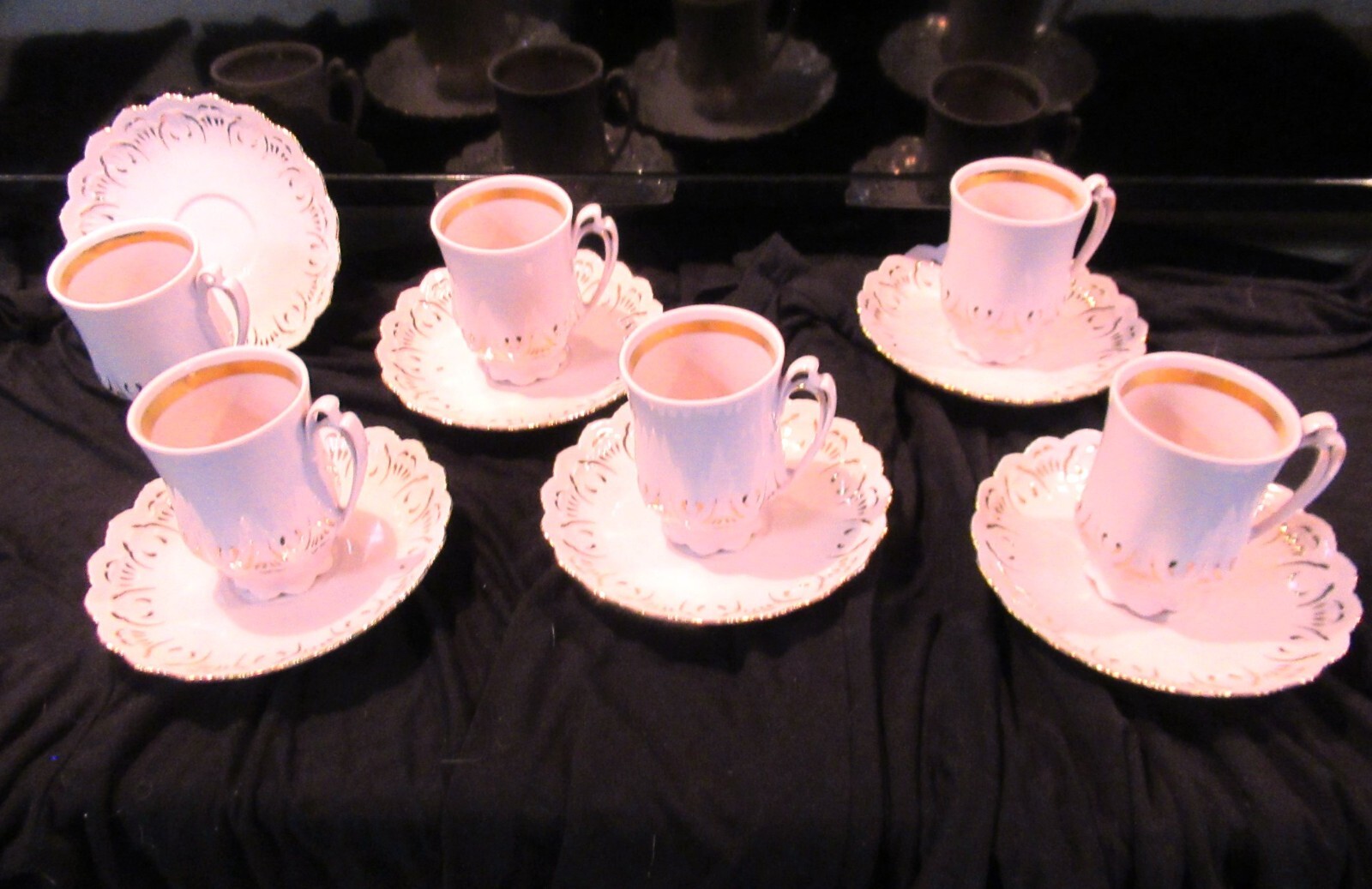 Bohemian 6 Dainty PINK BONE CHINA cups & saucers PLUS bonus tea or coffee jar!