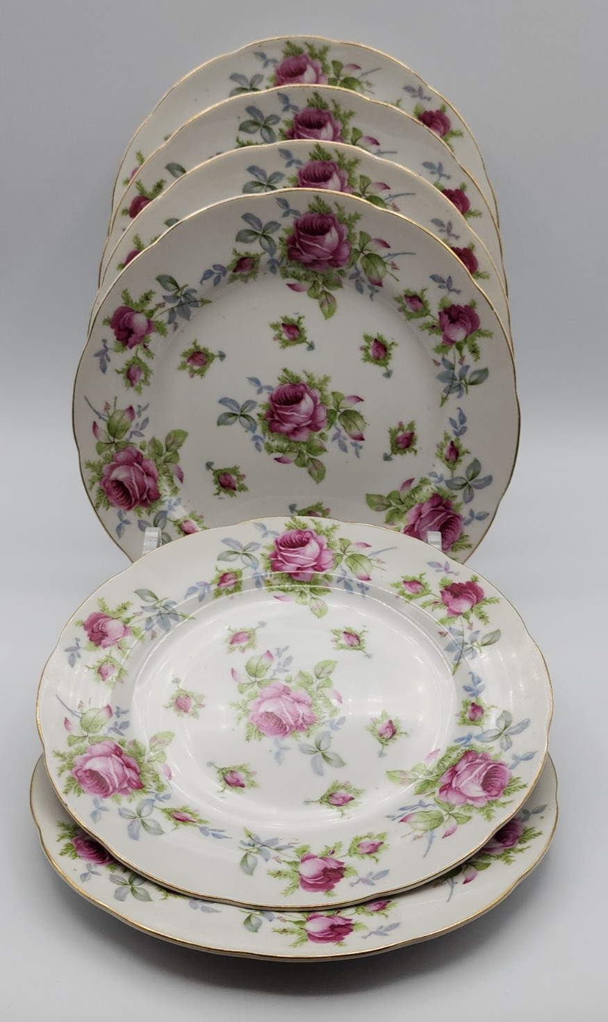 Lefton Elegant Rose Hand Painted Salad Plates ca 8 1/4″ Diameter Set of 6