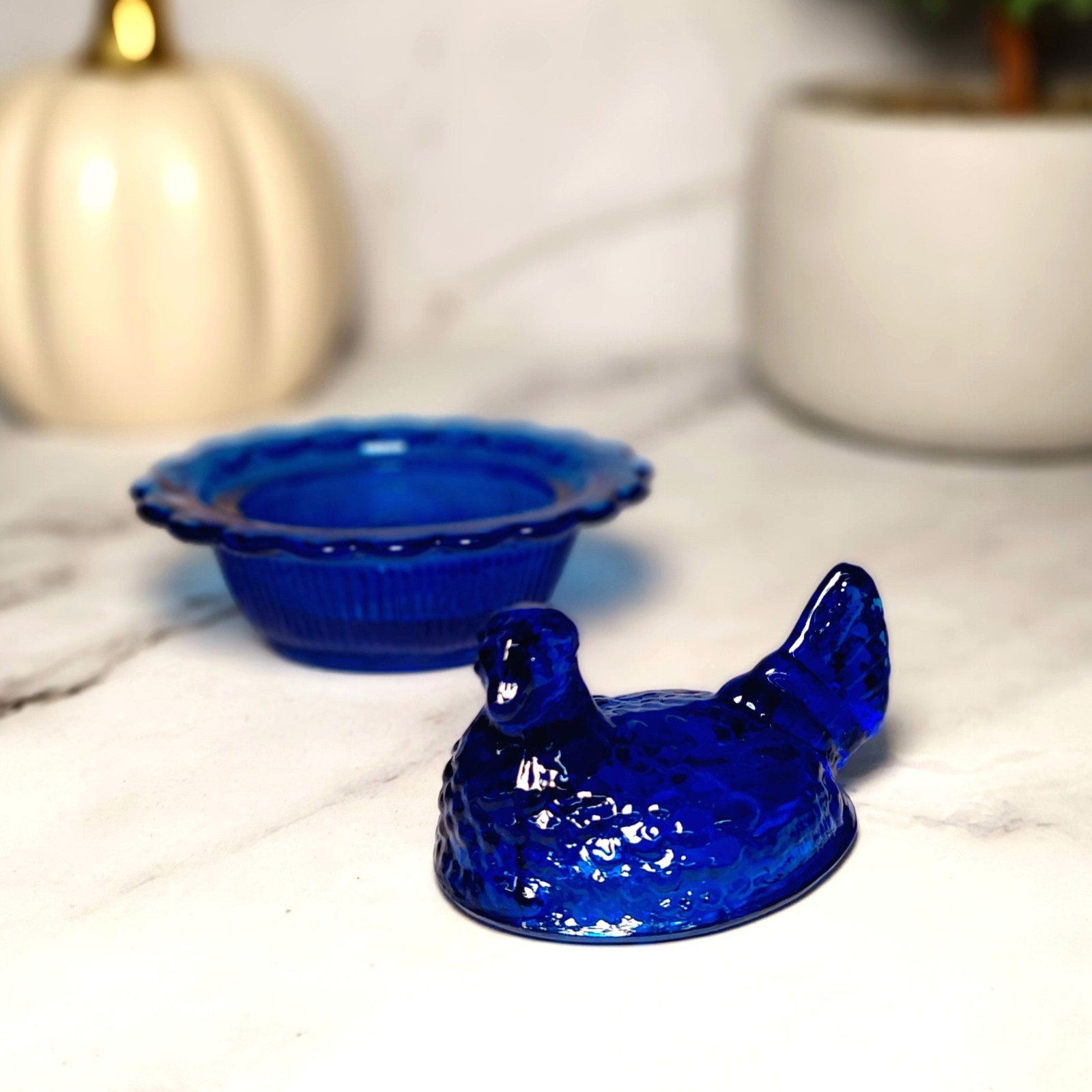 Mosser Cobalt Blue Glass Hen on Nest Salt Dish, Mini Chicken, Vintage Style