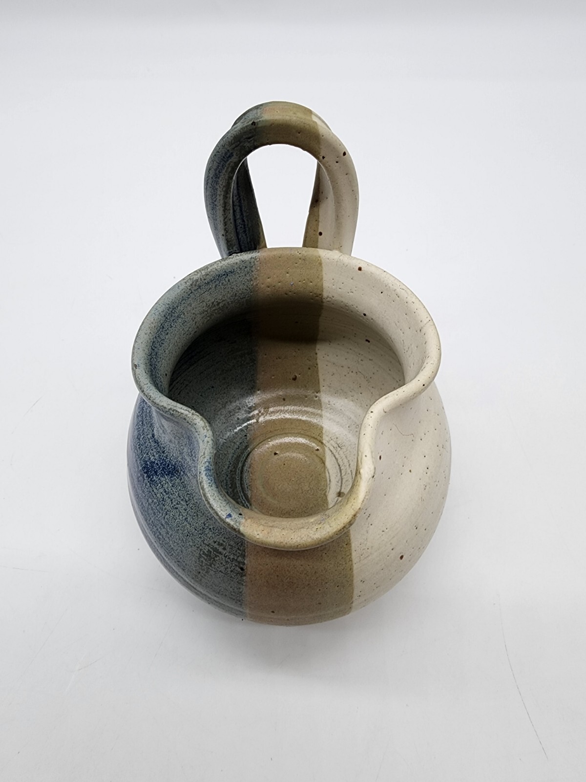 Art Pottery Small Pitcher creamer Signed Blue Tan white unique Shape