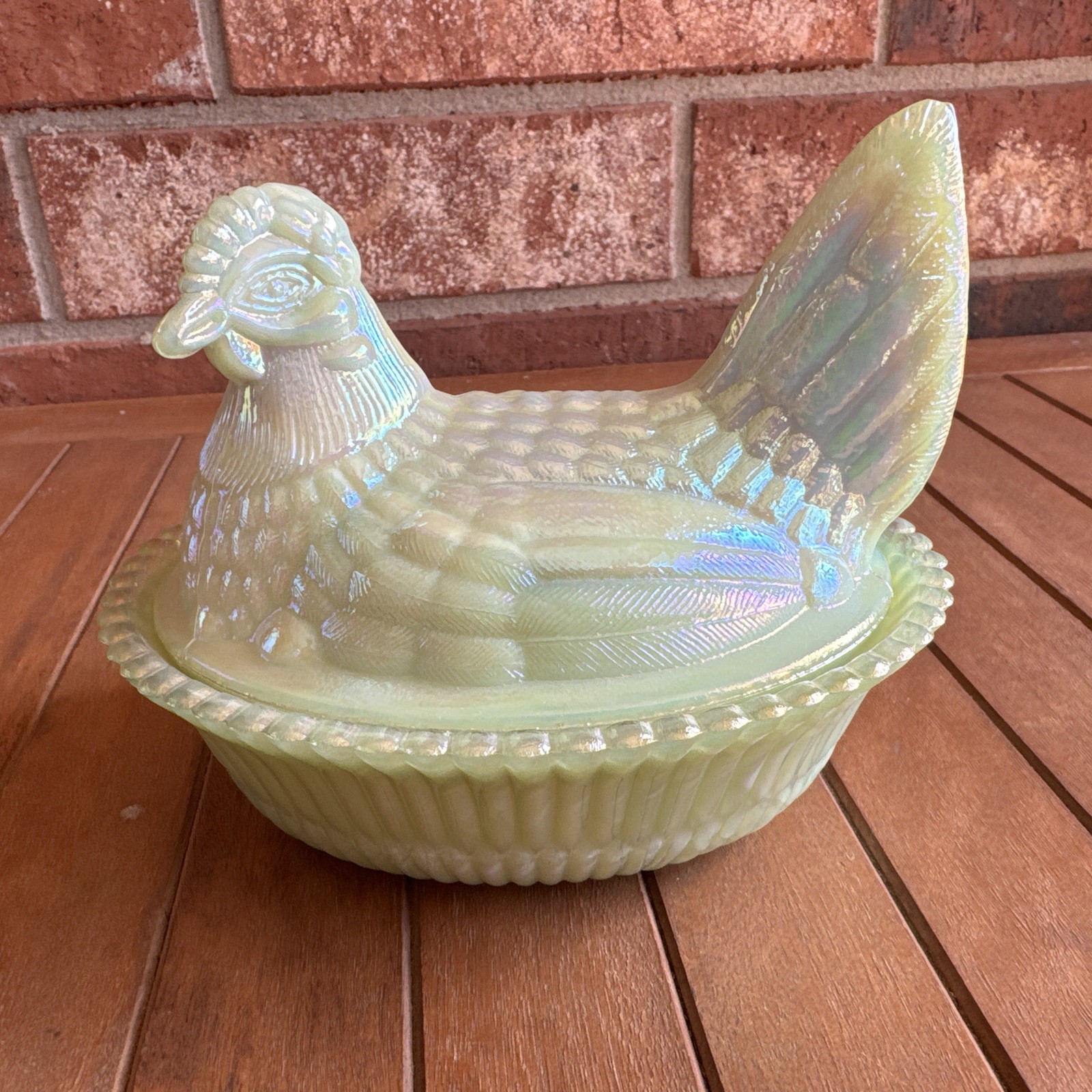 Jade Green Carnival Glass Iridescent Hen on Nest Westmoreland Nesting Chicken