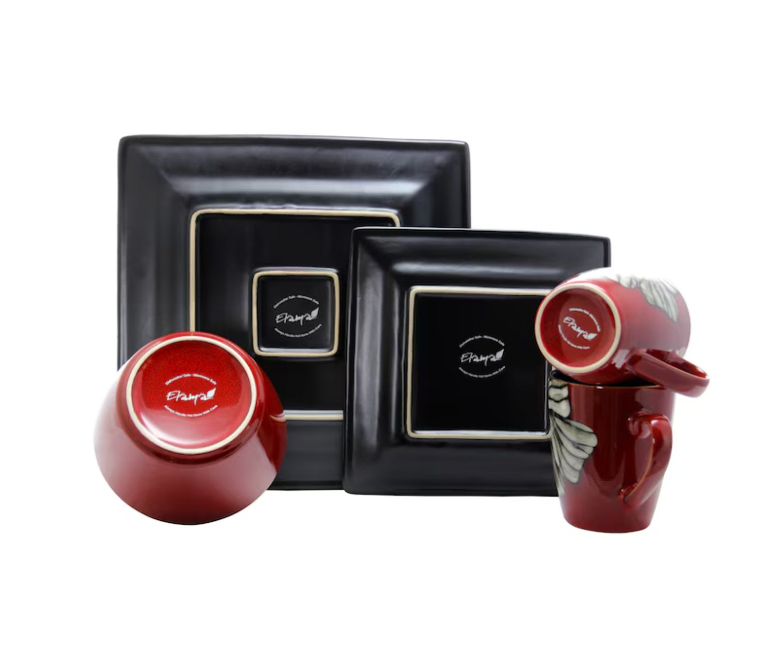 ELAMA WINTER BLOOM RED SQUARE DINNERWARE STONEWARE 16 PCS SET FOR 4 NEW NIB