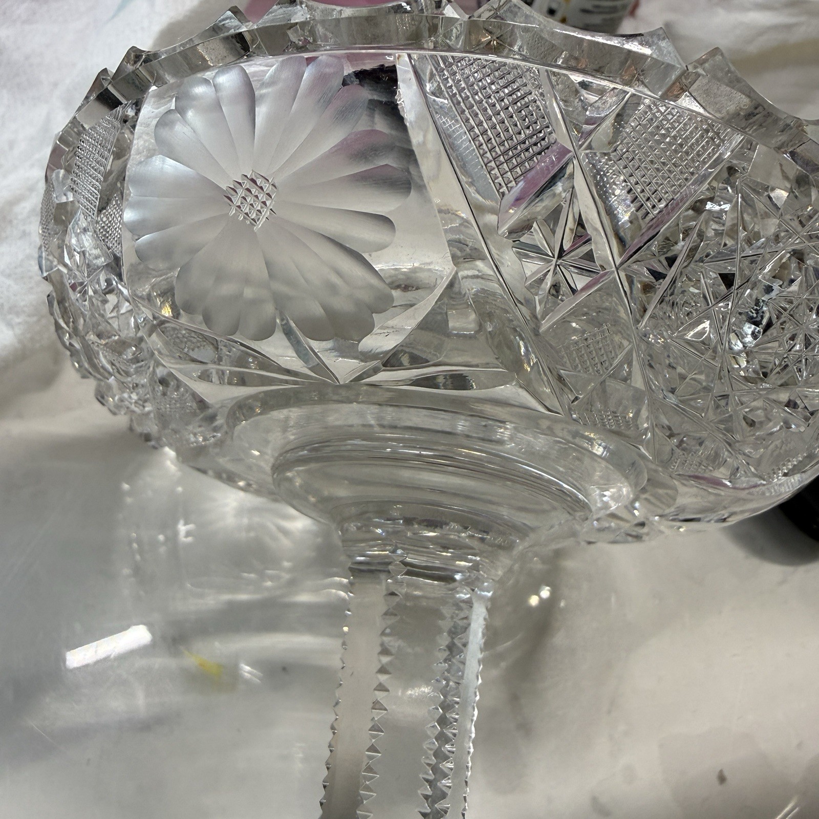 American Brilliant Period Cut Glass Pedestal Compote Bowl 6″ Scallop Sawtooth