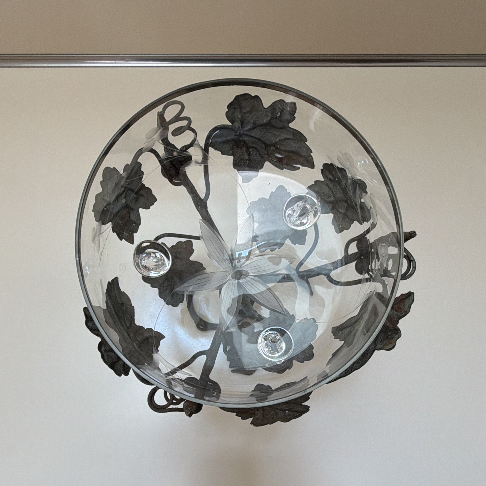Clear Glass Floral Etched Compote Pedestal Bowl w/ Black Metal Leaf Vine Stand