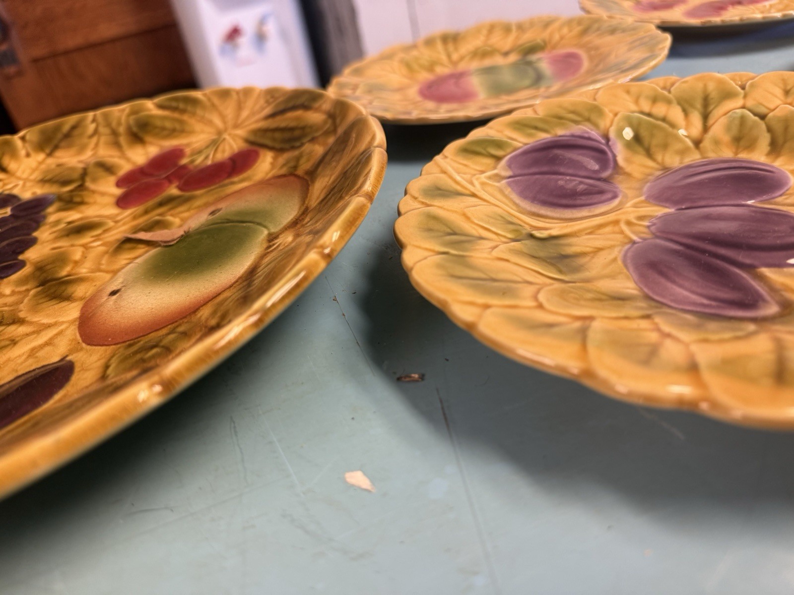 Set 8 Sarreguemines Majolica Hand Painted 7.5″ Fruit Plates & Platter France