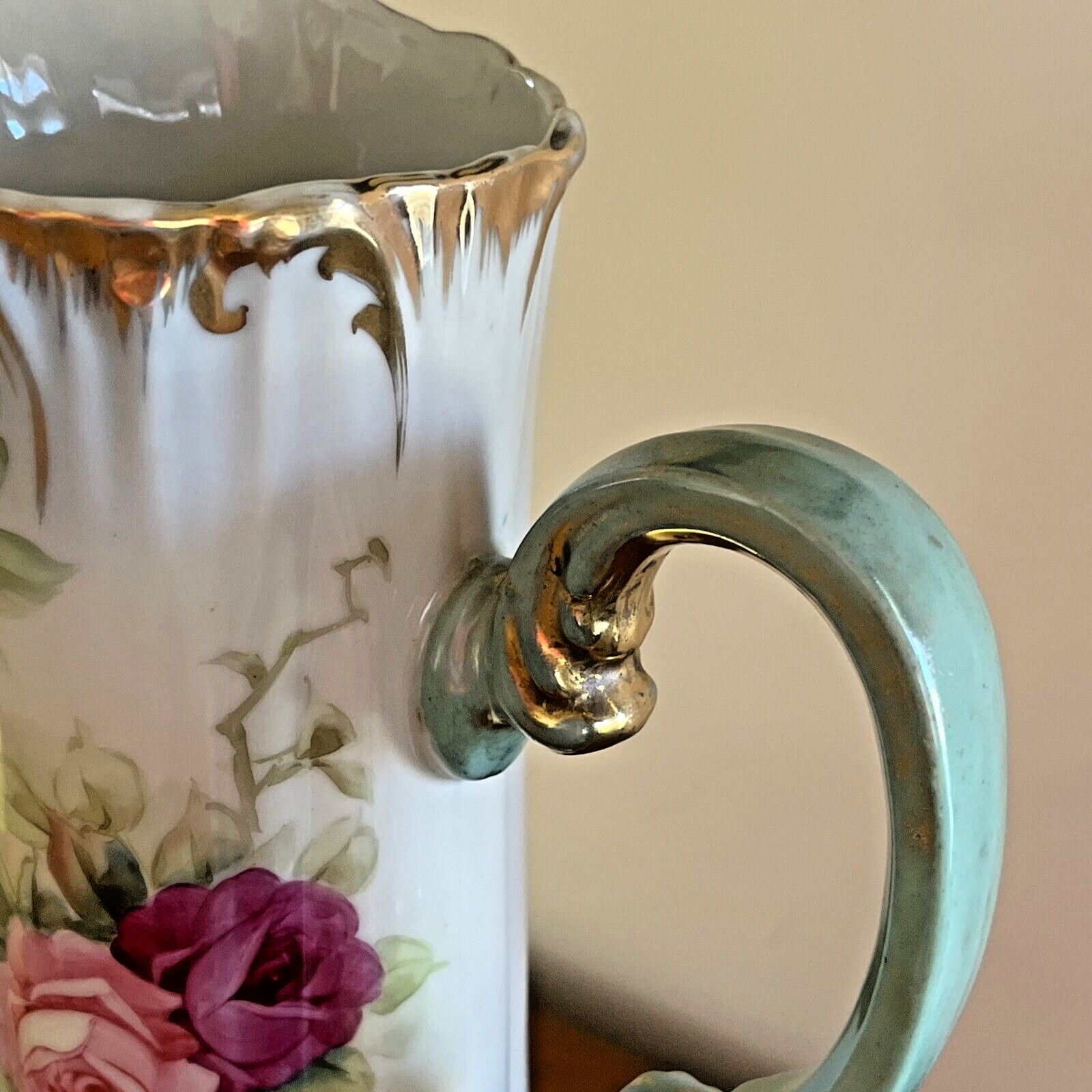 Antique Tall Pitcher Hand Painted Vase Tankard Ewer Roses Gold 15.5