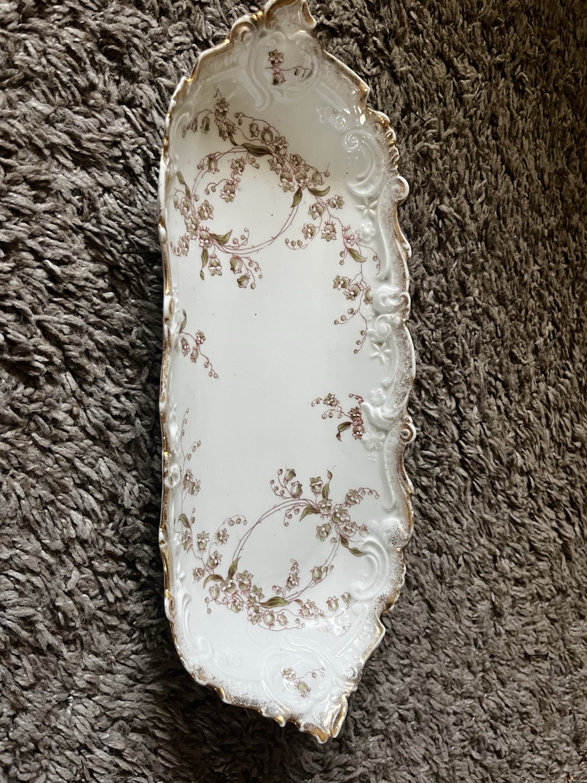 Antique Porcelain Floral Oval Platter 13 in White Pink Green Gold Trim pretty!