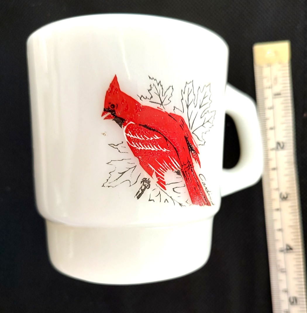 Cardimal Birds Fire King Mug EASTER Anchor Hocking Milk Glass Vtg Coffee Tea Cup