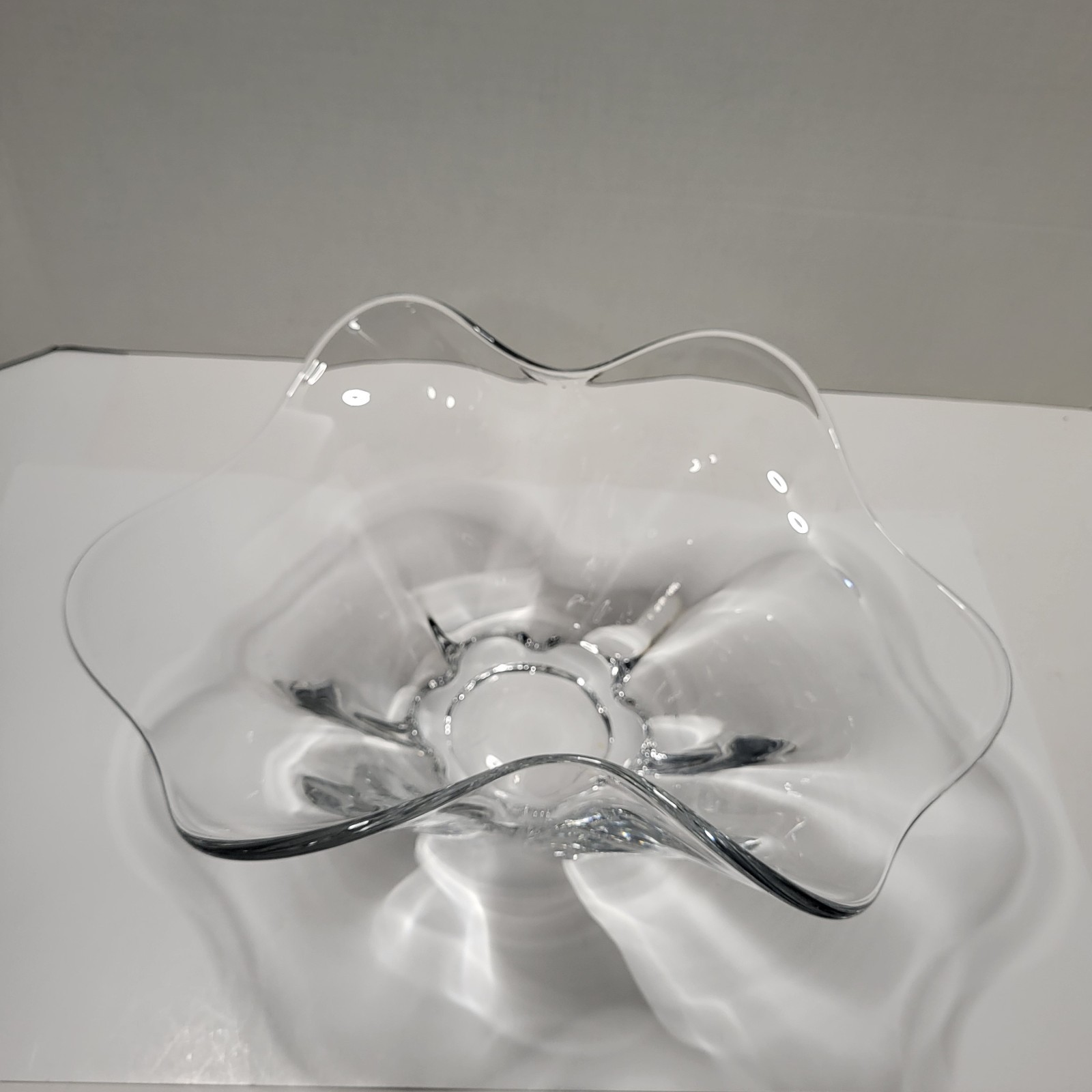 Vintage Clear Glass Flower Shaped Bowl, Pinched Sides, Art Bowl, Ruffled