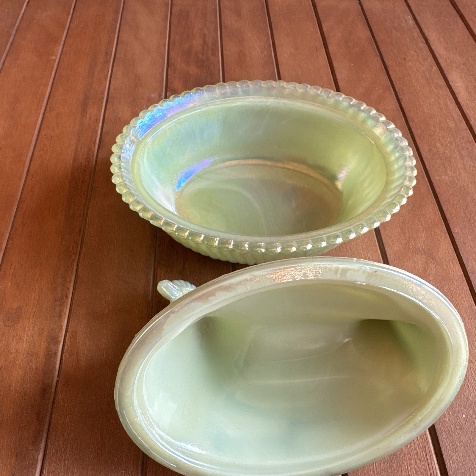 Jade Green Carnival Glass Iridescent Hen on Nest Westmoreland Nesting Chicken