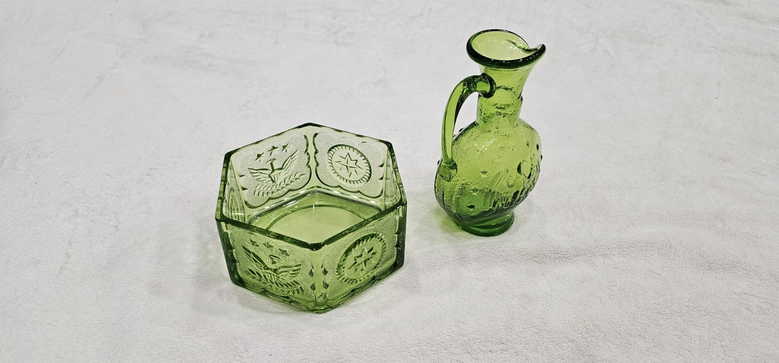 Green Pressed Glass Hexagon Bowl with Floral Pattern, Colonial Theme Glassware