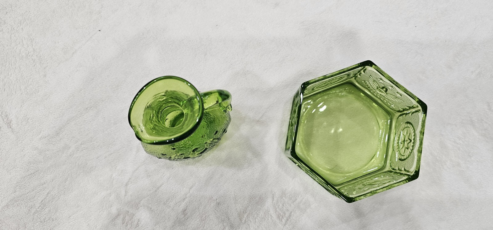 Green Pressed Glass Hexagon Bowl with Floral Pattern, Colonial Theme Glassware